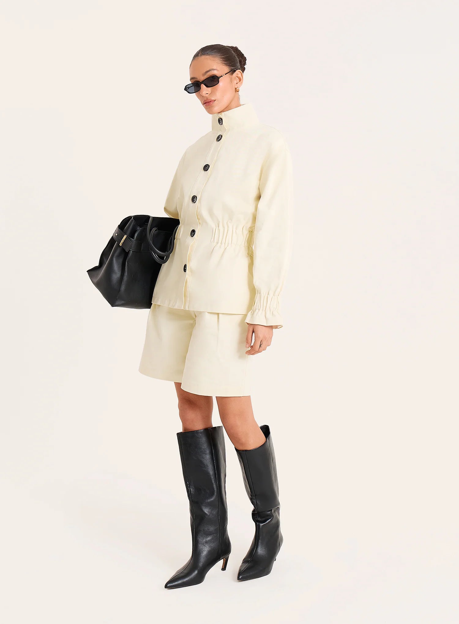 Cream Funnel Neck Cinched Waist Jacket