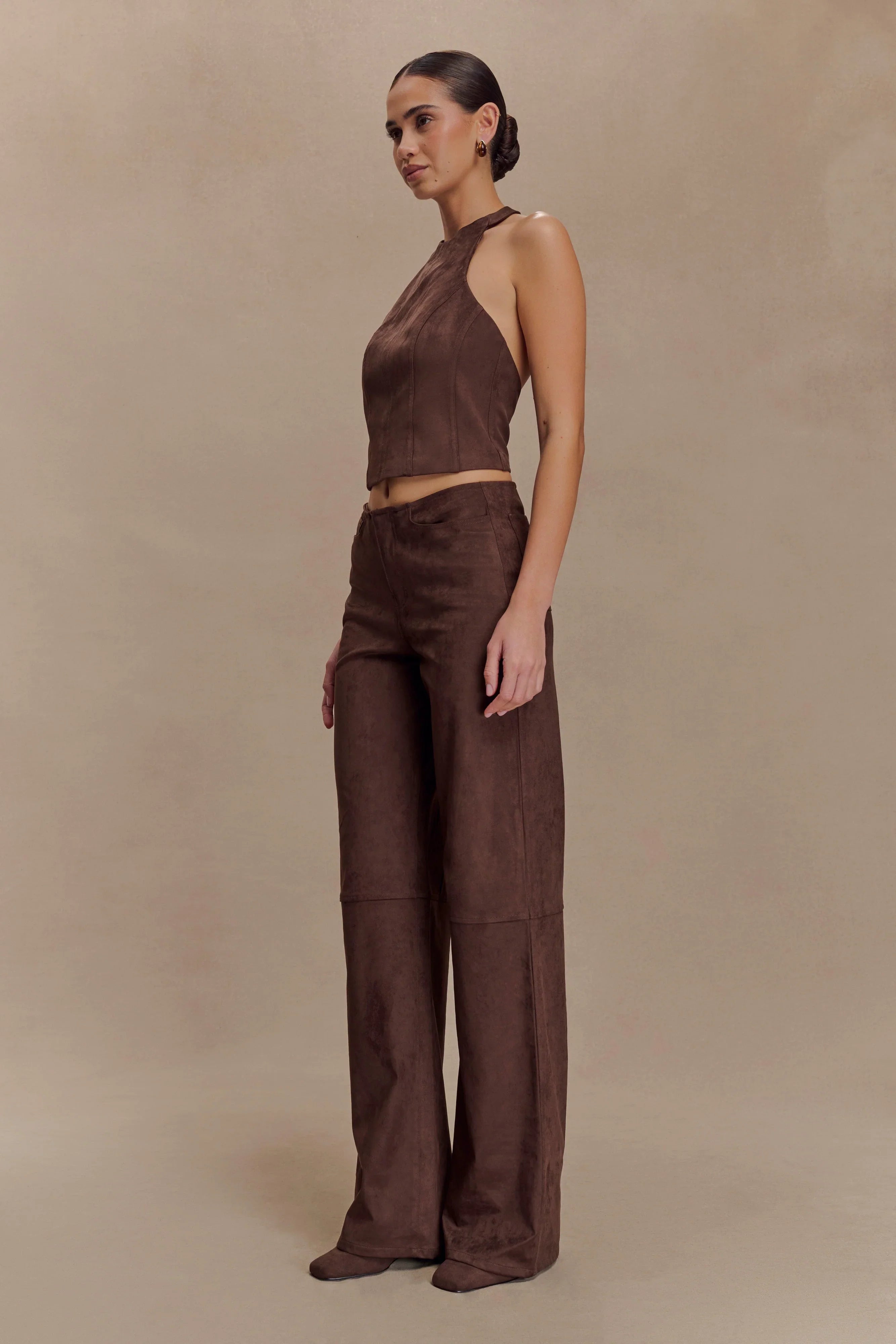 Logan Faux Suede Halter Top Dark Chocolate