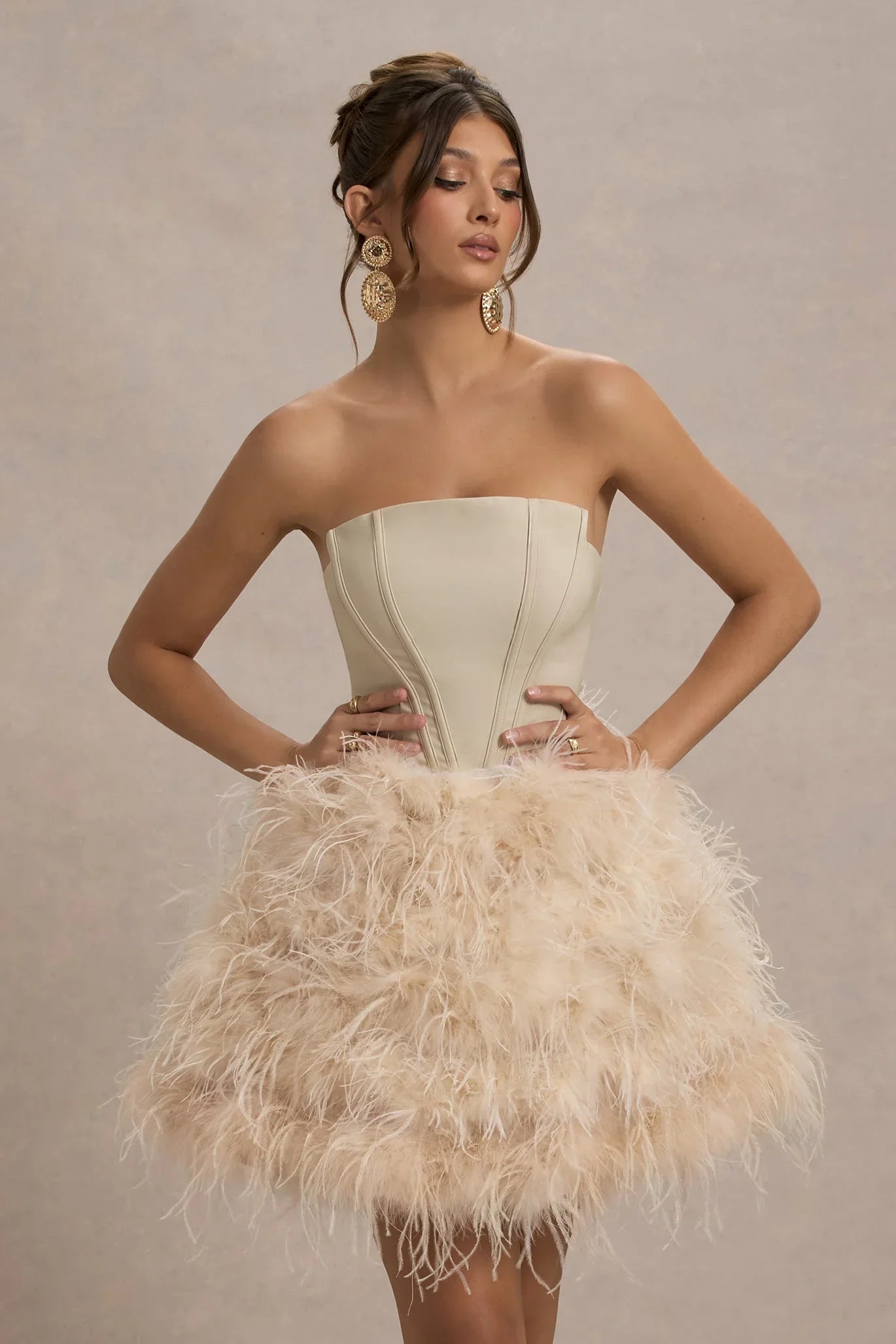Peaches Champagne Strapless Mini Dress With Volume Feather Hem