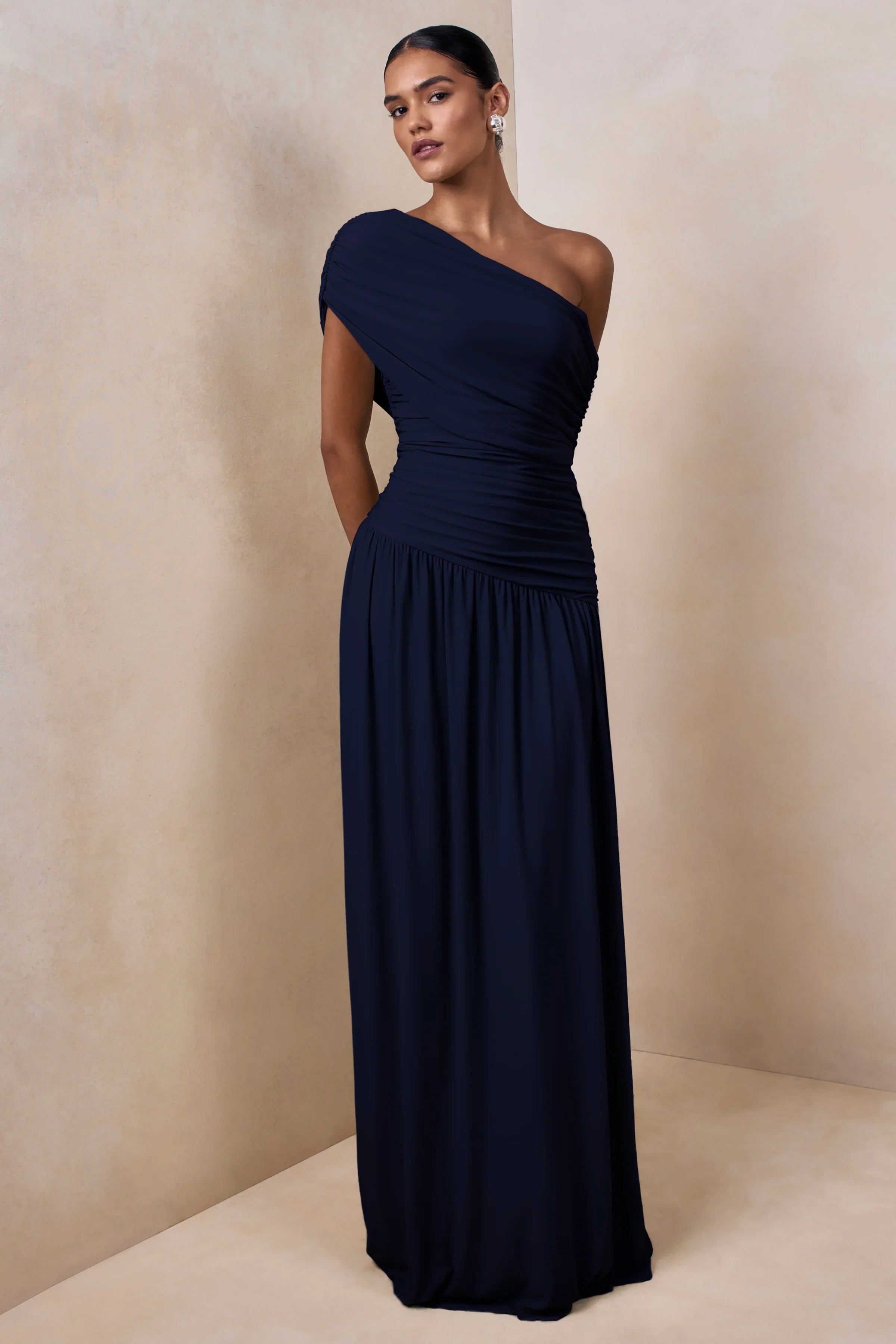 Emberly Navy Draped Asymmetric Neck Maxi Dress With Drop Waist