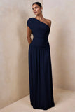 Emberly Navy Draped Asymmetric Neck Maxi Dress With Drop Waist