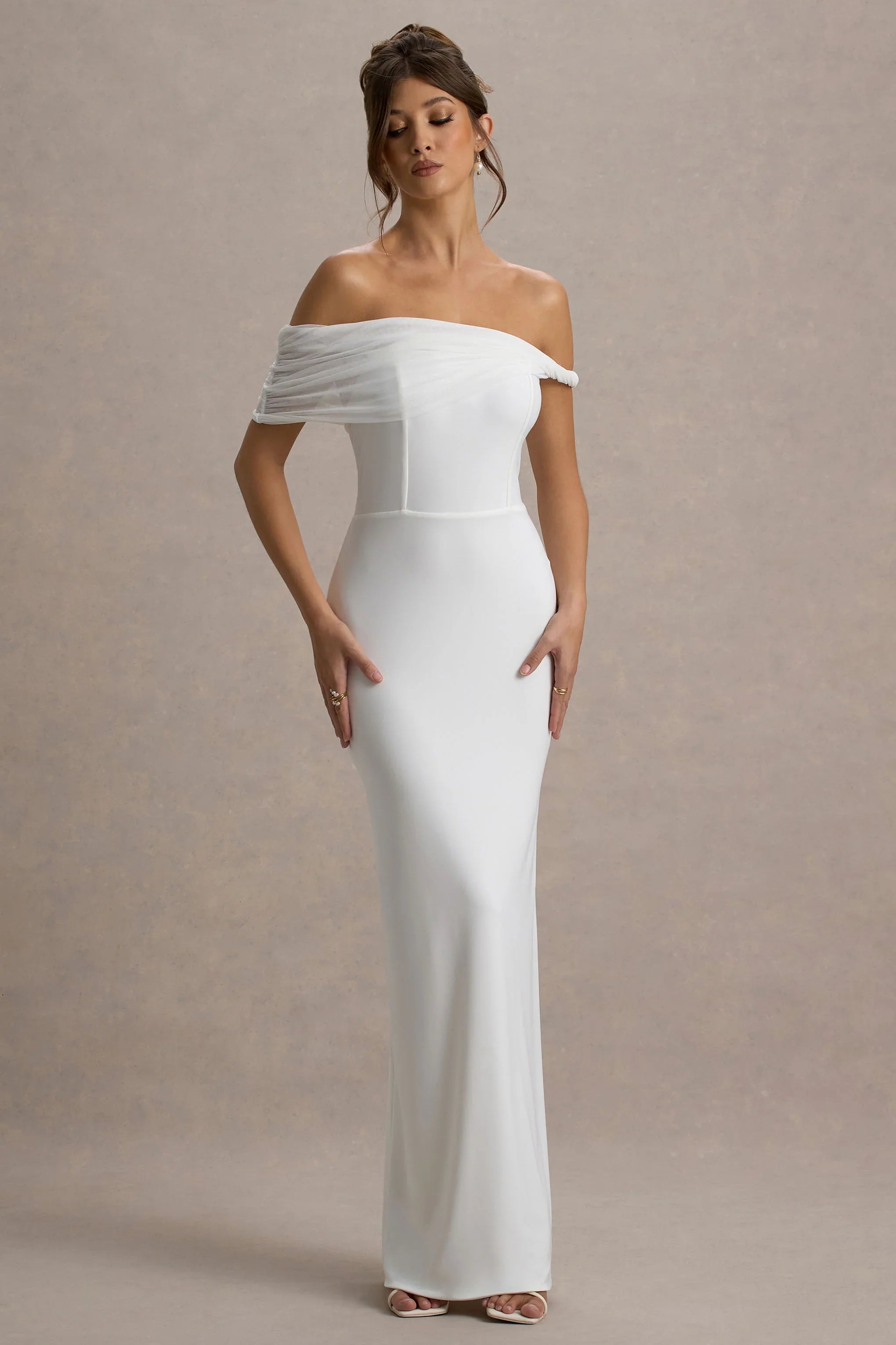 Alonza White Twisted Bardot Maxi Dress