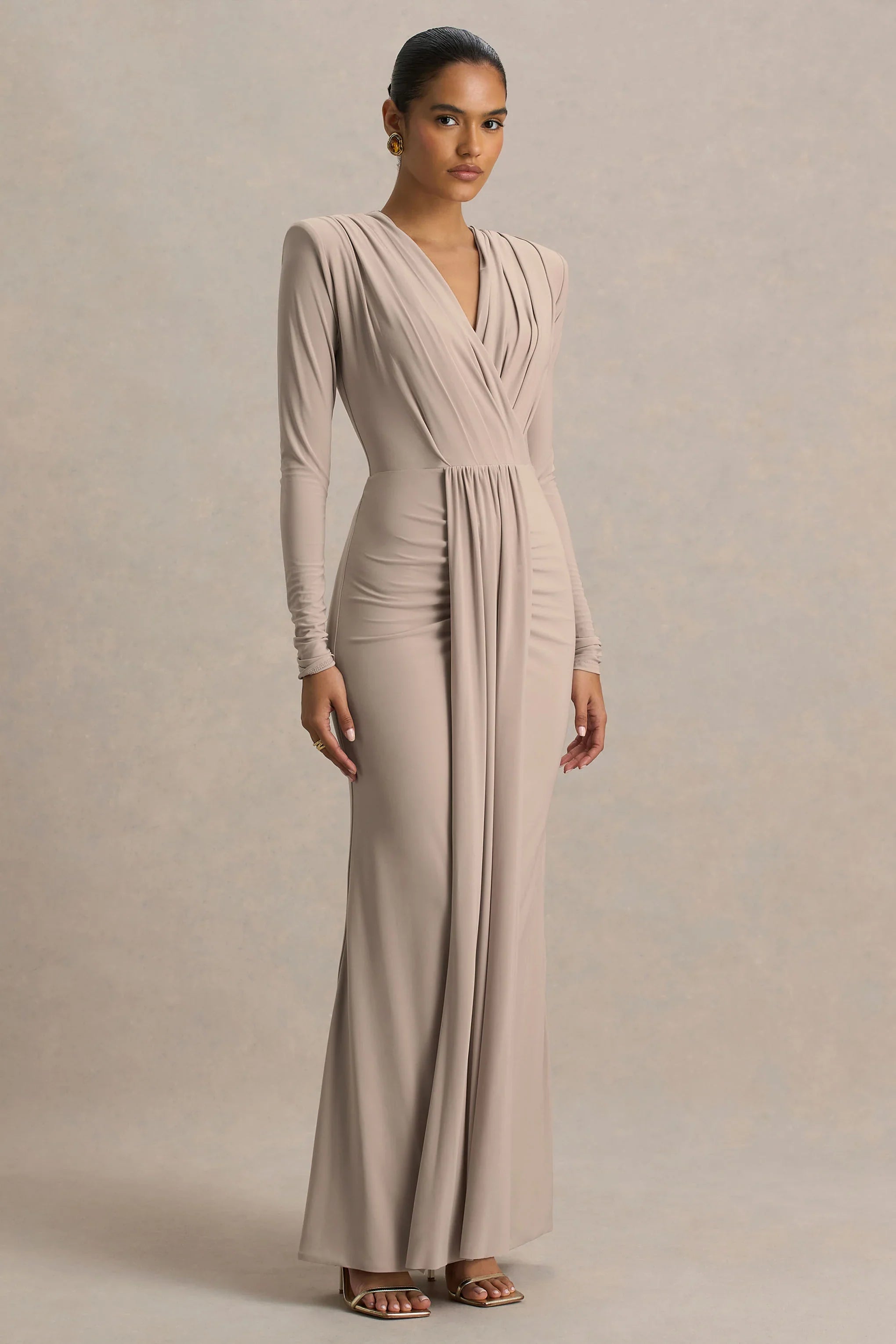 Flashy Champagne Plunge Neck Maxi Dress With Ruched Detailing