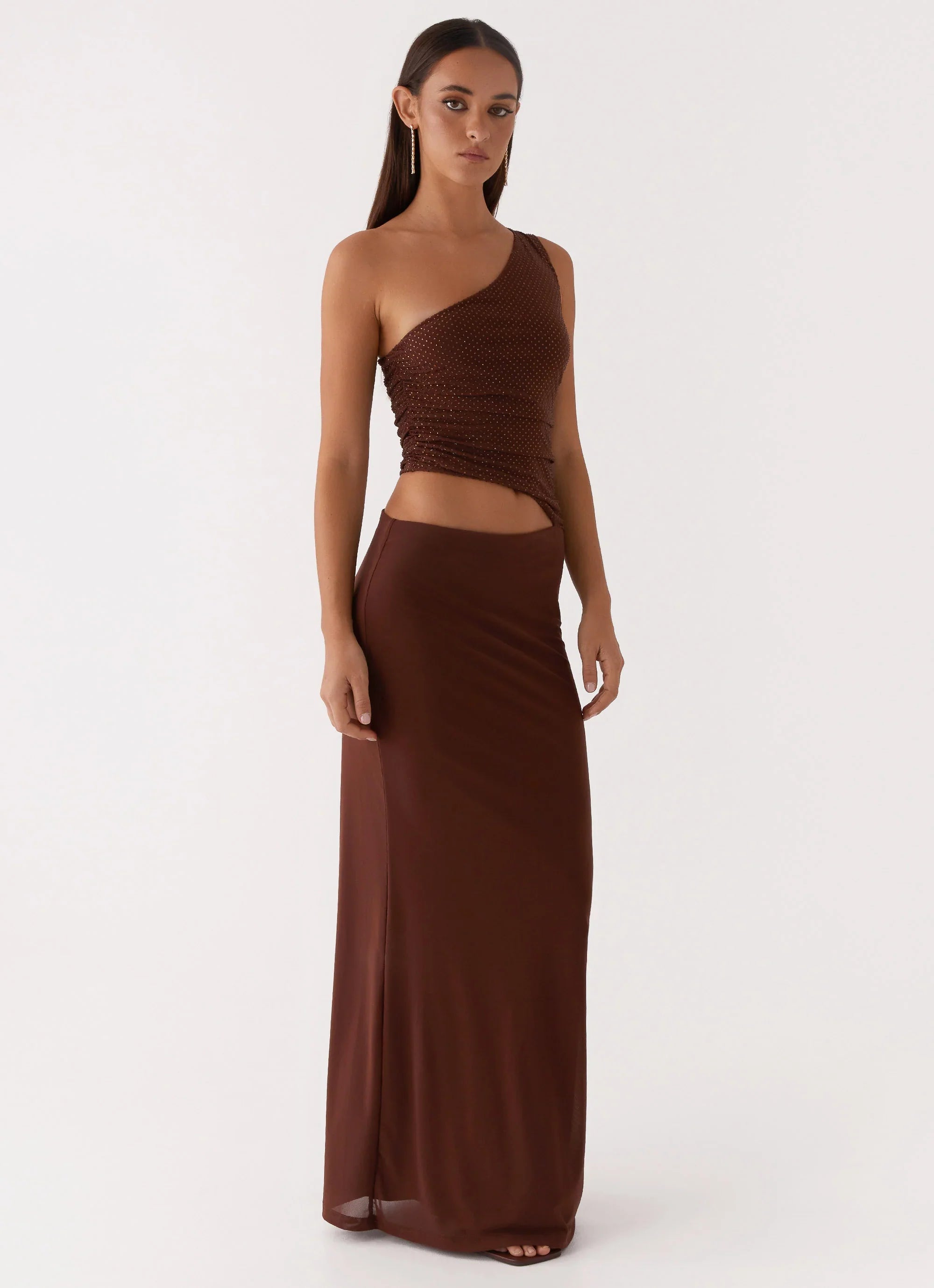 Seranella Sequin One Shoulder Maxi Dress Chocolate