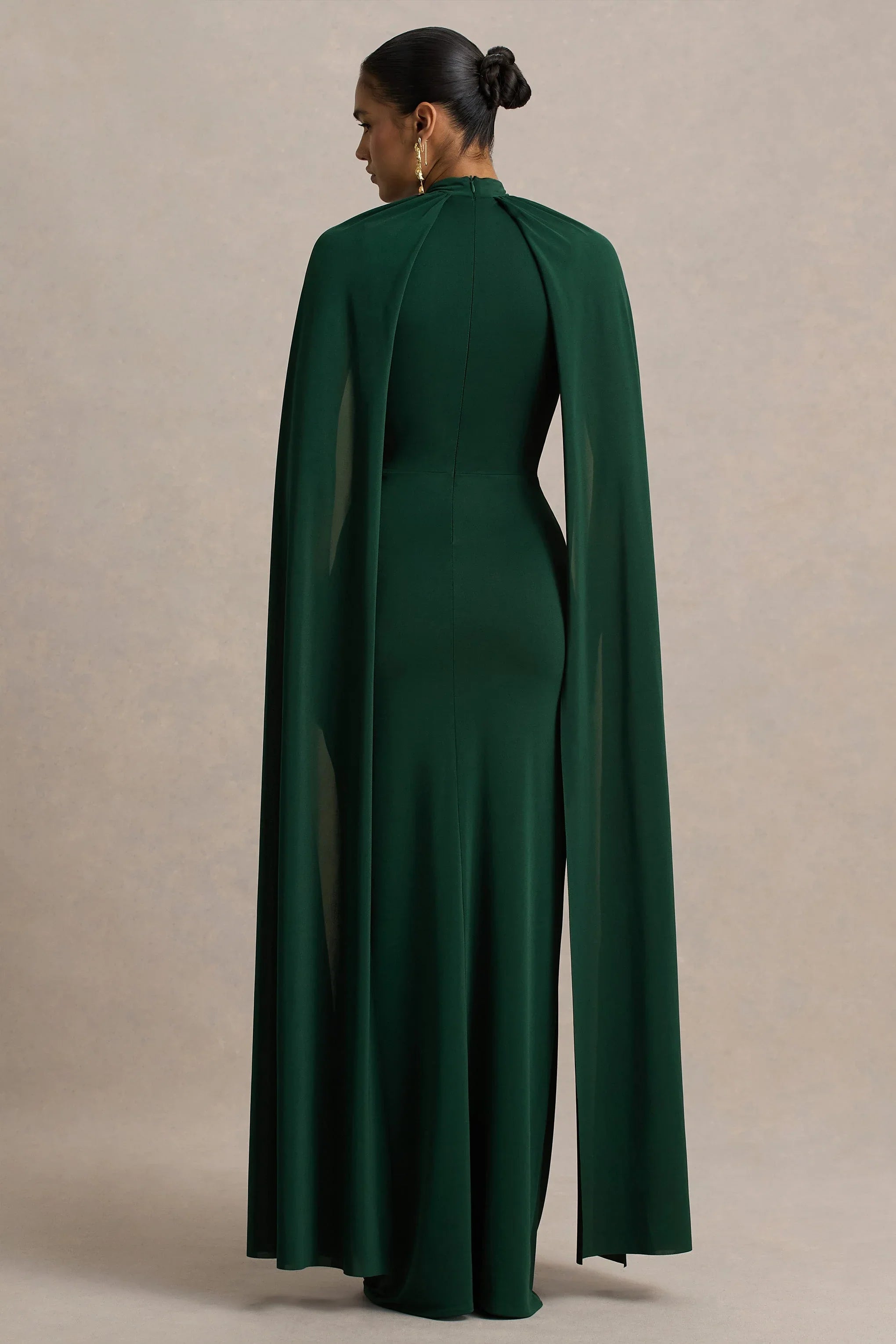 Darielle Bottle Green High Neck Cape Sleeve Maxi Dress