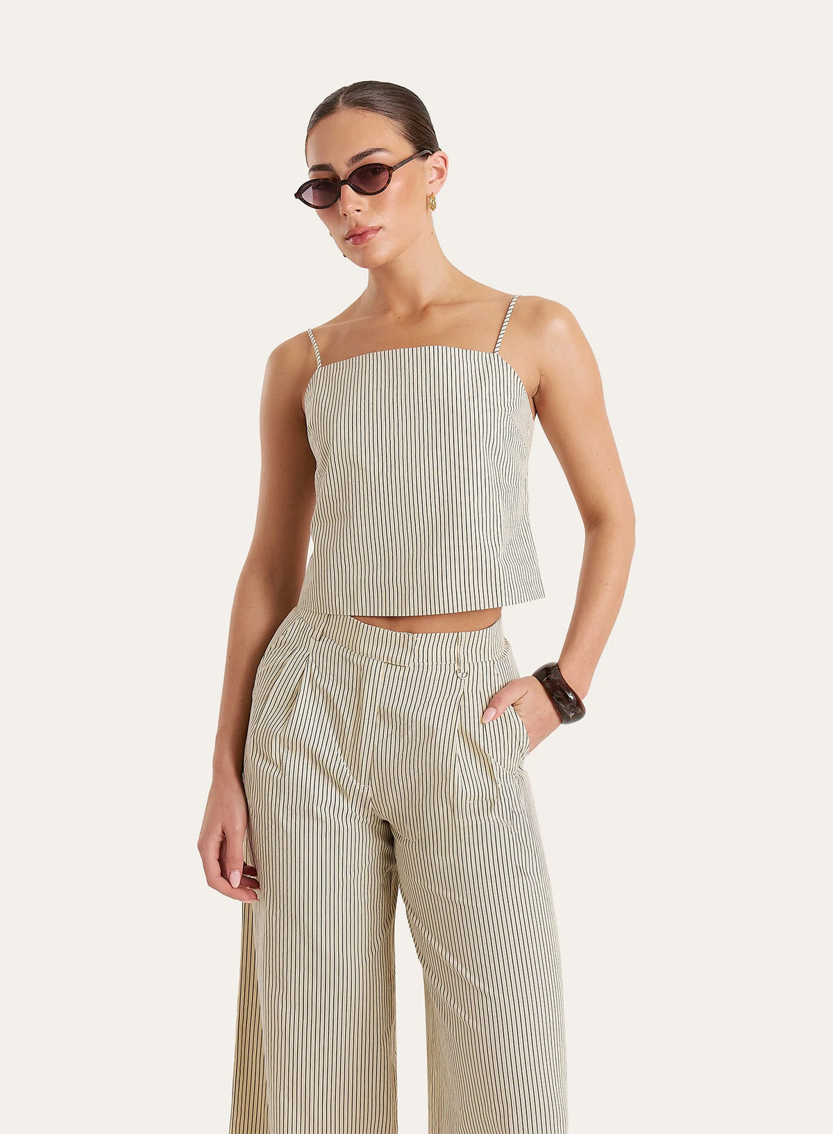 Beige Striped Tie Back Cami Crop Top
