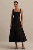 Magnolia Black Scoop Neck Midi Dress With Drop Waist And Ruffling Detail