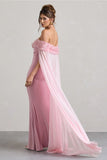 Avant Garde Blush Pink Floral Bardot Fishtail Maxi Dress With Mesh Cape