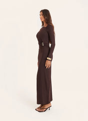 Chocolate Off Shoulder Hardware Maxi Dress