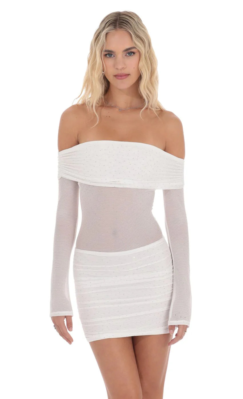 Rhinestone Mesh Off Shoulder Dress in White
