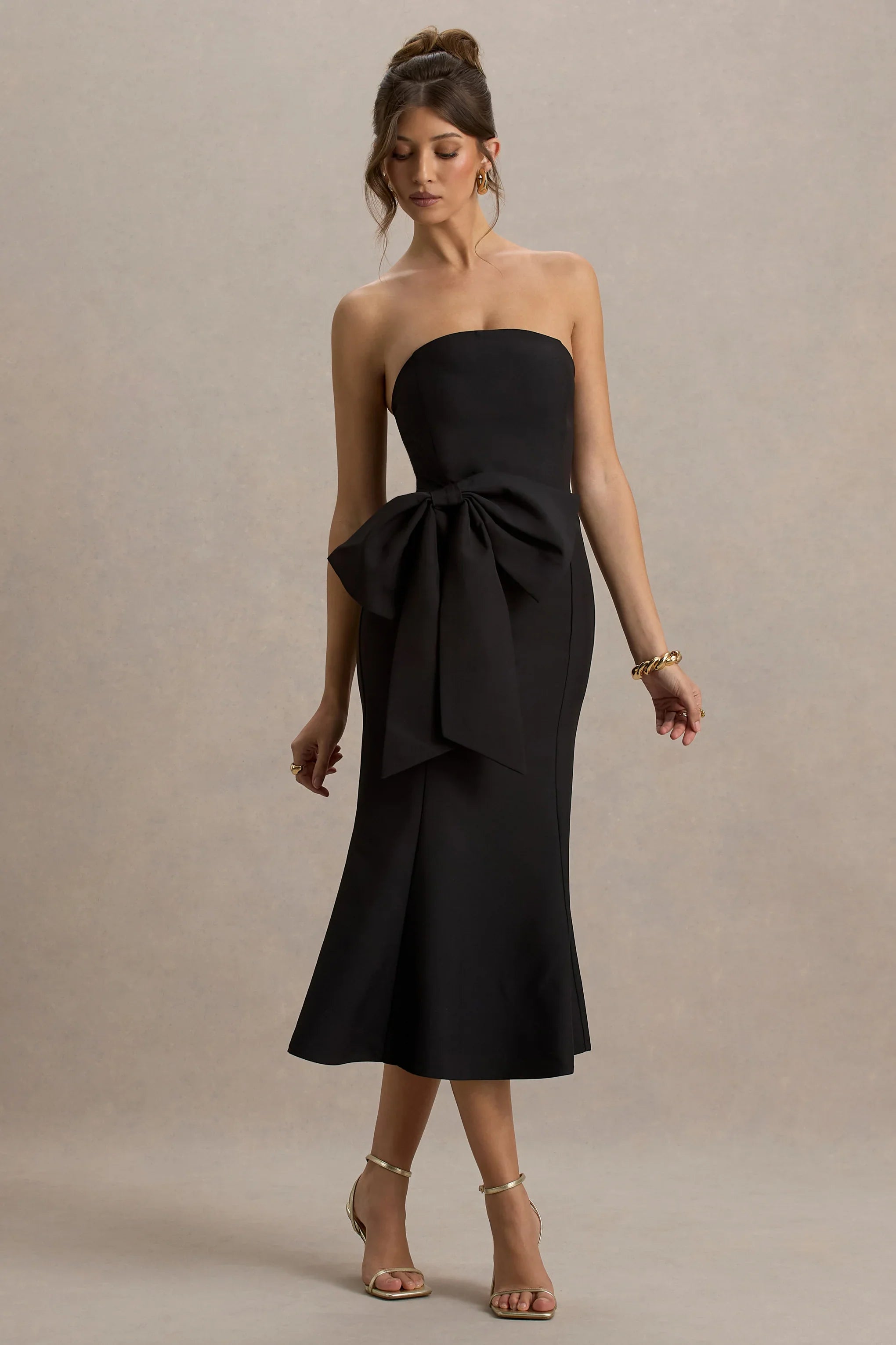 To Me Black Bandeau Midi Dress With Oversized Bow