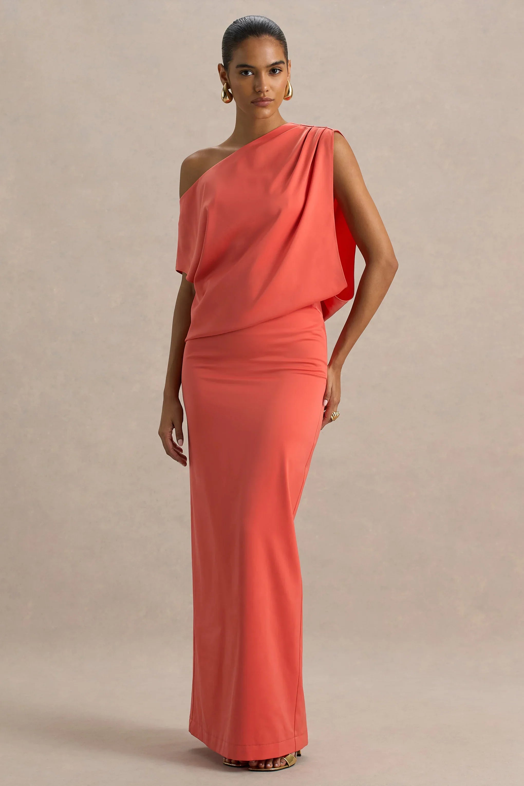 Ronnie Coral Satin Asymmetric Neck Maxi Dress With Draping Detail
