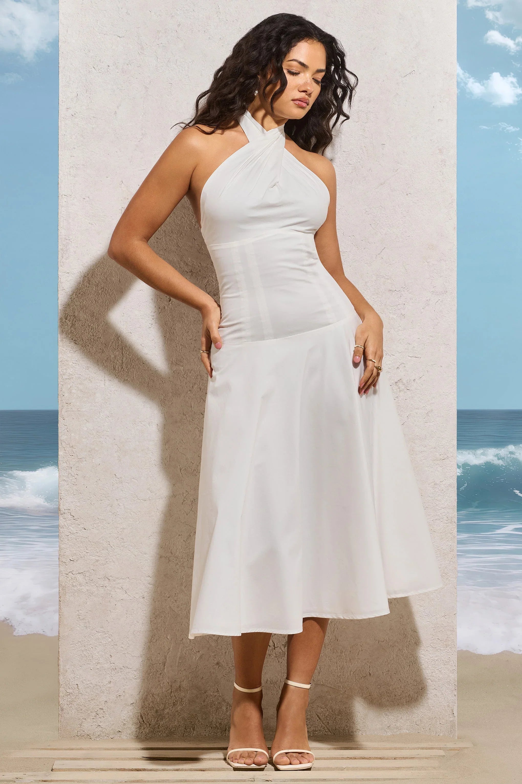 Saint Malo White Halter Neck Midi Dress