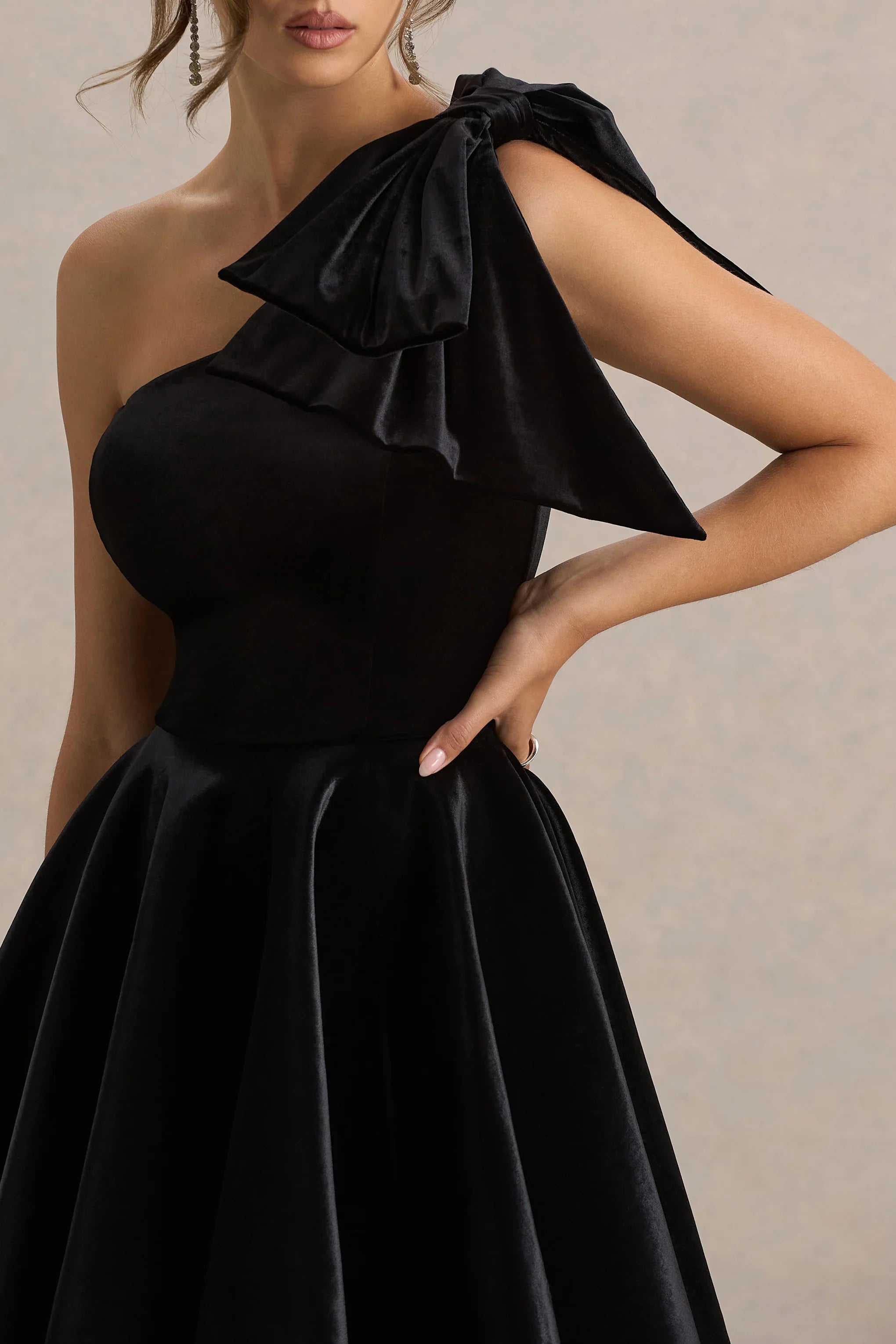 Keeley Black Asymmetric Neck Velvet Mini Dress With Bow Detail