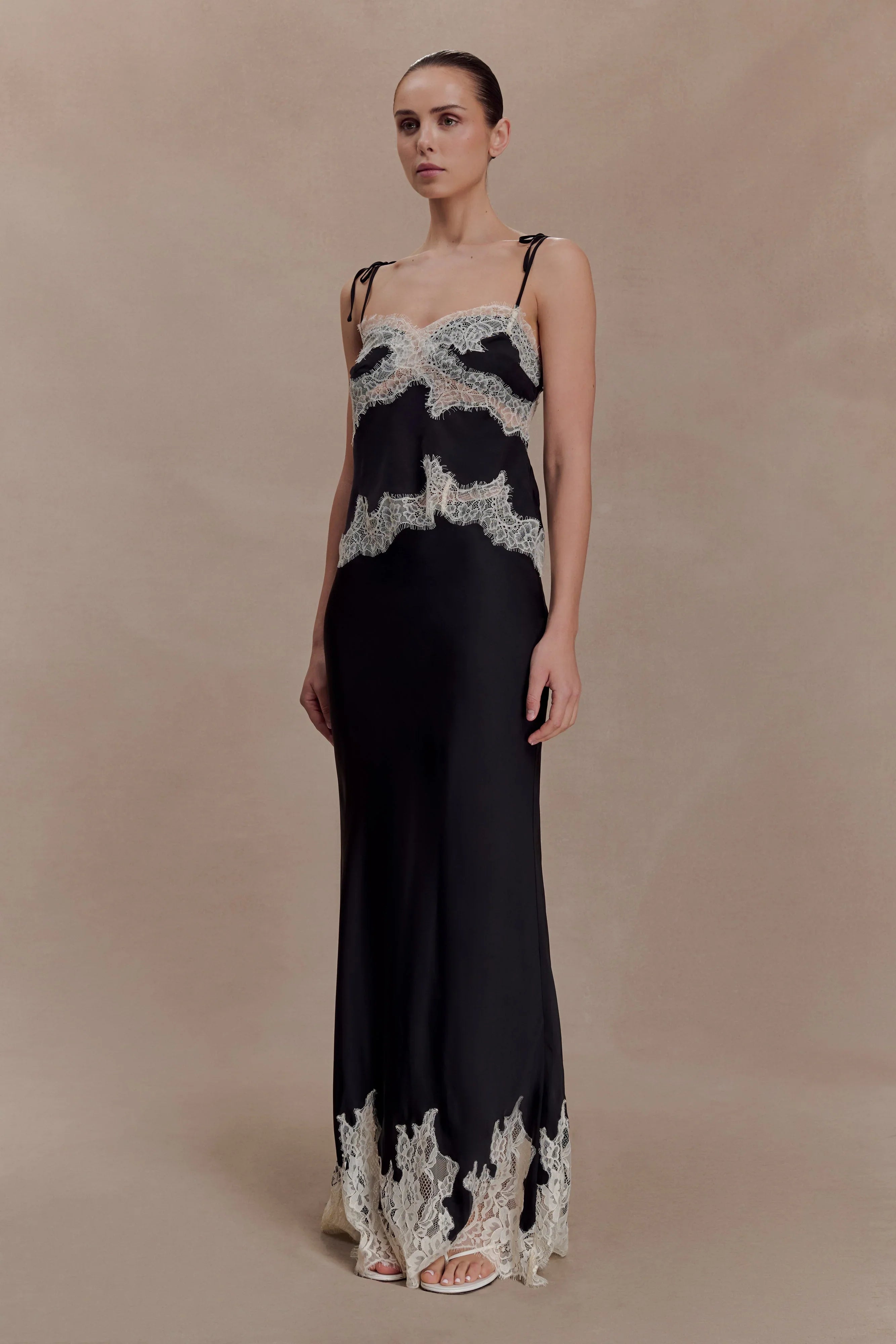 Nina Satin And Lace Maxi Skirt Black Ivory