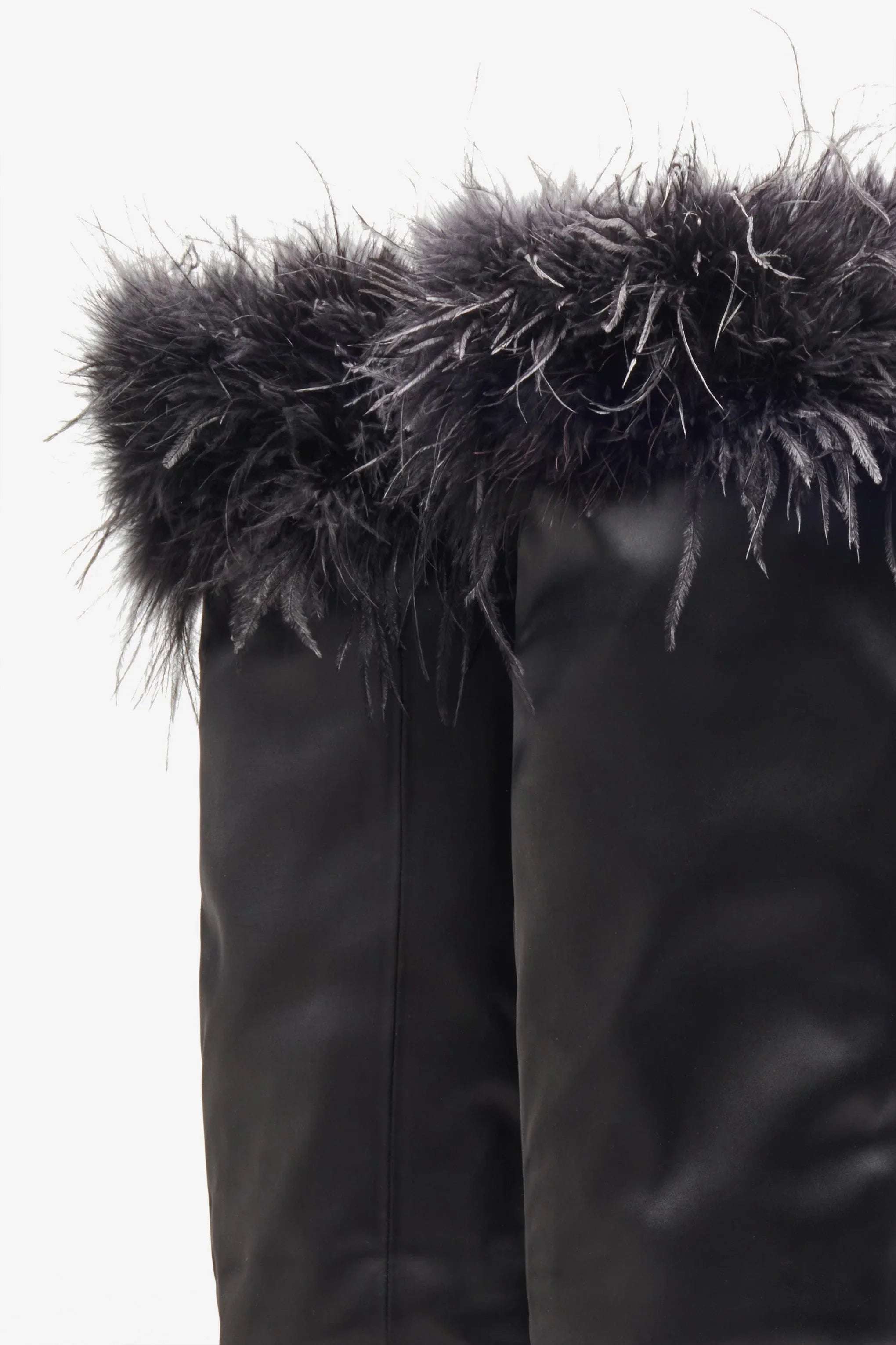 Soho Black Satin Pointed Heeled Boots With Feather Trims