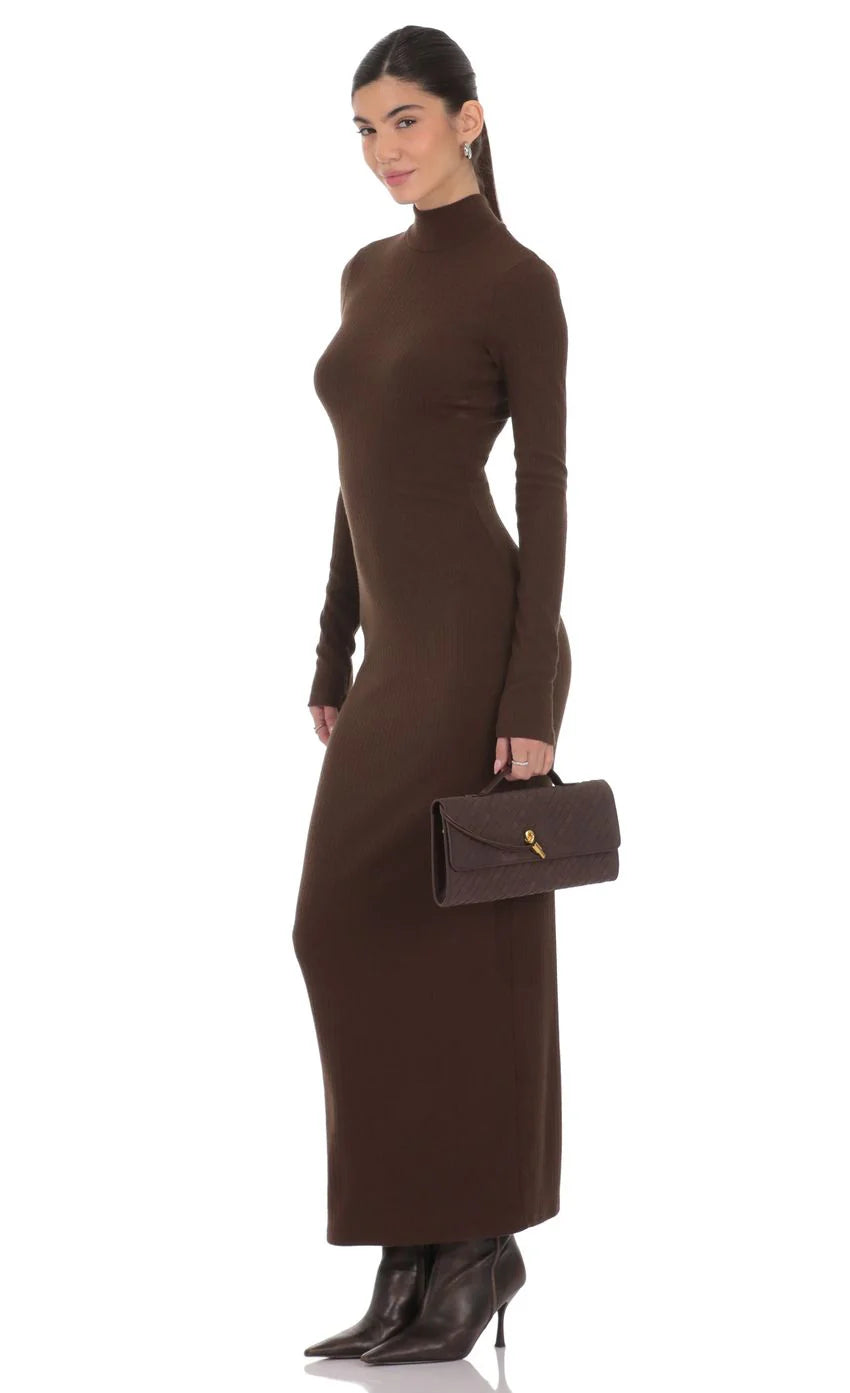 Ribbed Knit Mock Neck Maxi Dress in Brown