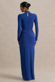 Alluring Blue High Neck Maxi Dress With Ruched Detailing