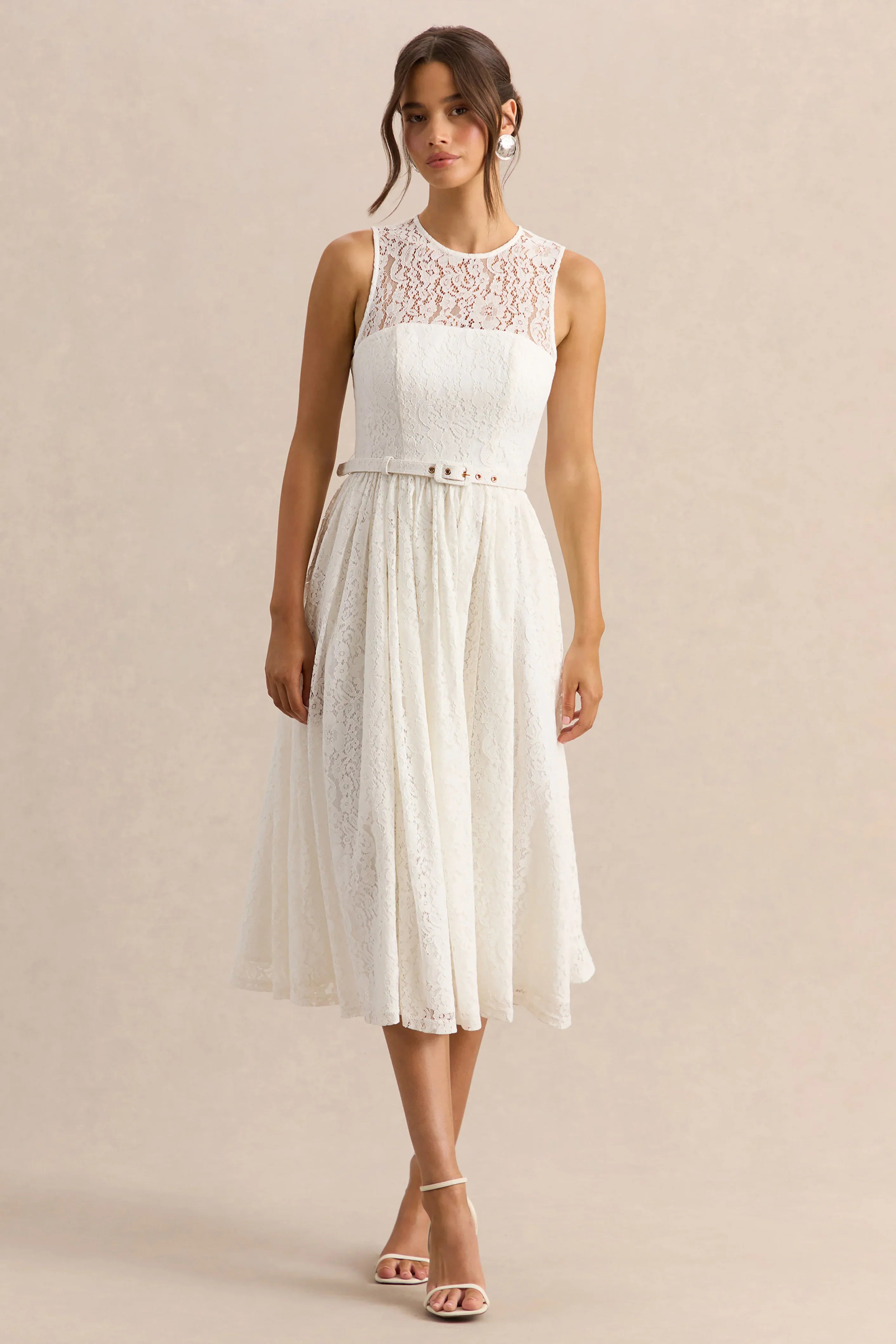 Anabella White Lace Crew Neck Belted Midi Dress