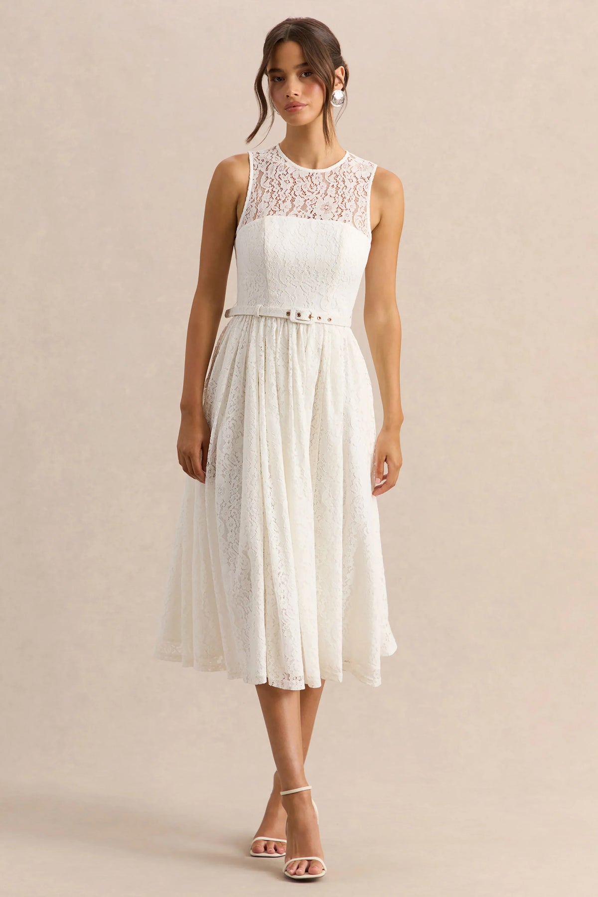 Anabella White Lace Crew Neck Belted Midi Dress