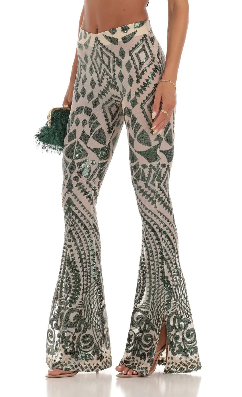 Sequin One Shoulder Two Piece Set in Green