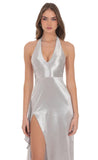 Satin Plunge Neck Halter Maxi Dress in Silver