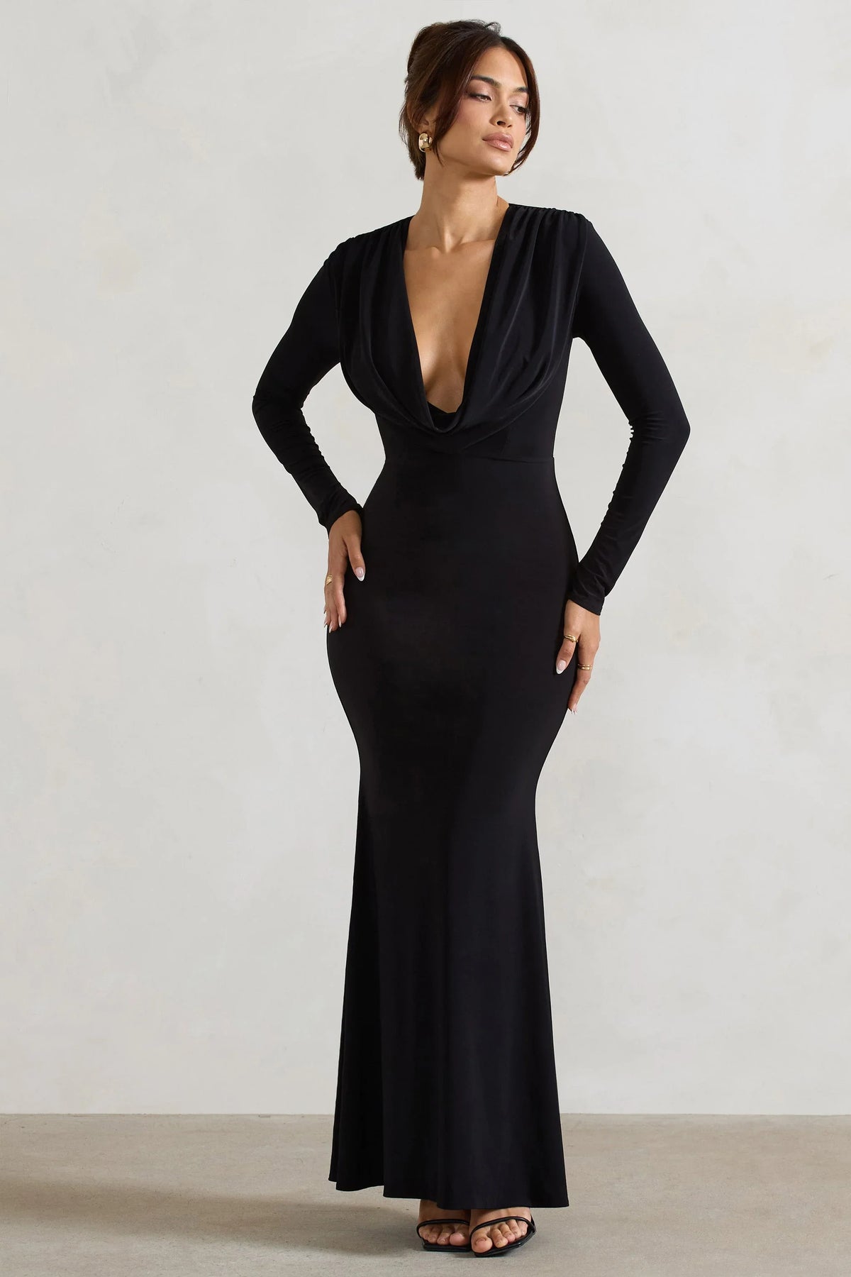 Heavy Heart Black Cowl Neck Long Sleeve Maxi Dress