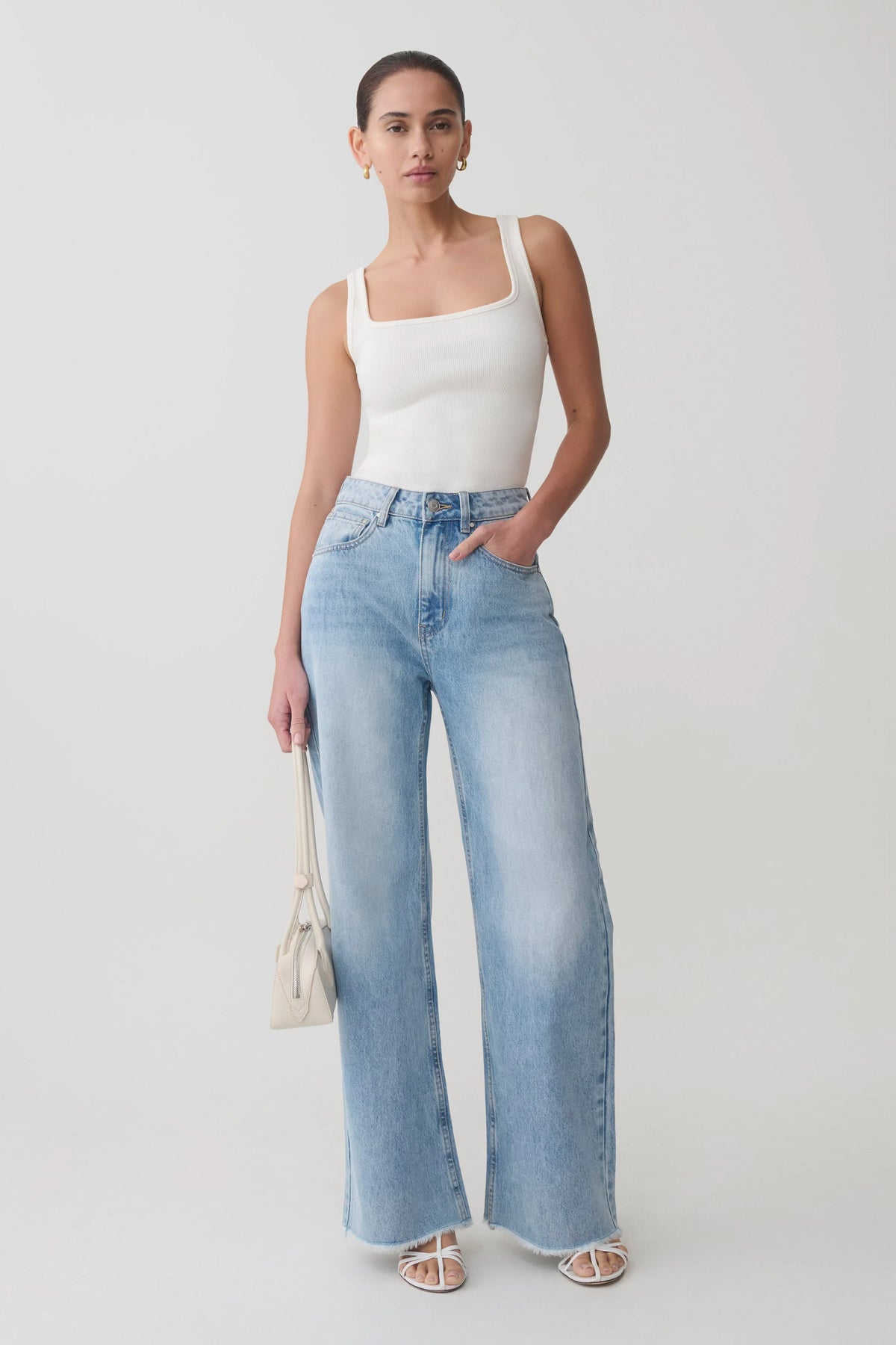 Sebastian Straight Leg Denim Jeans With Fray Hem Washed Light Blue