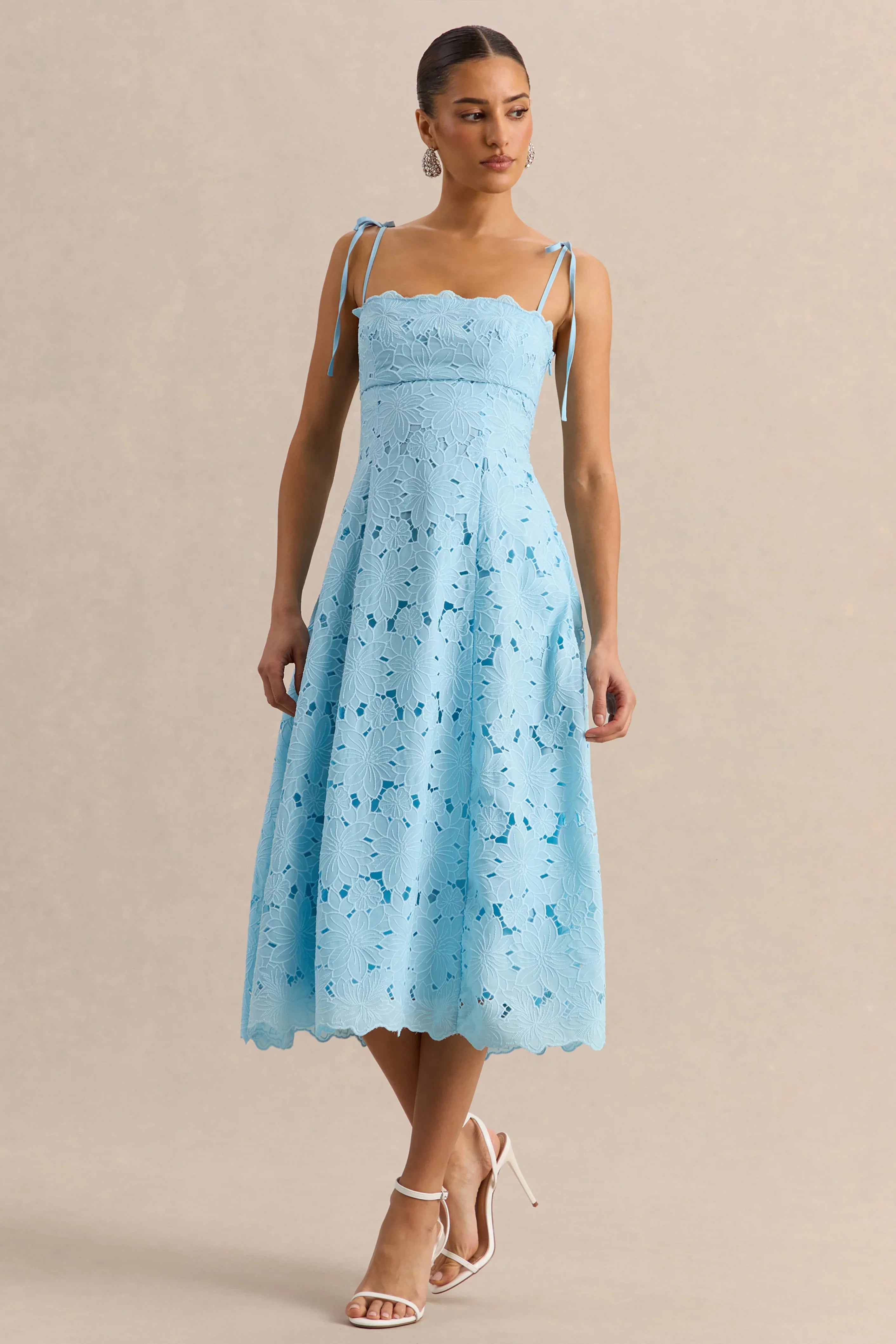Anna Embroidered Powder Blue Square Neck Midi Dress