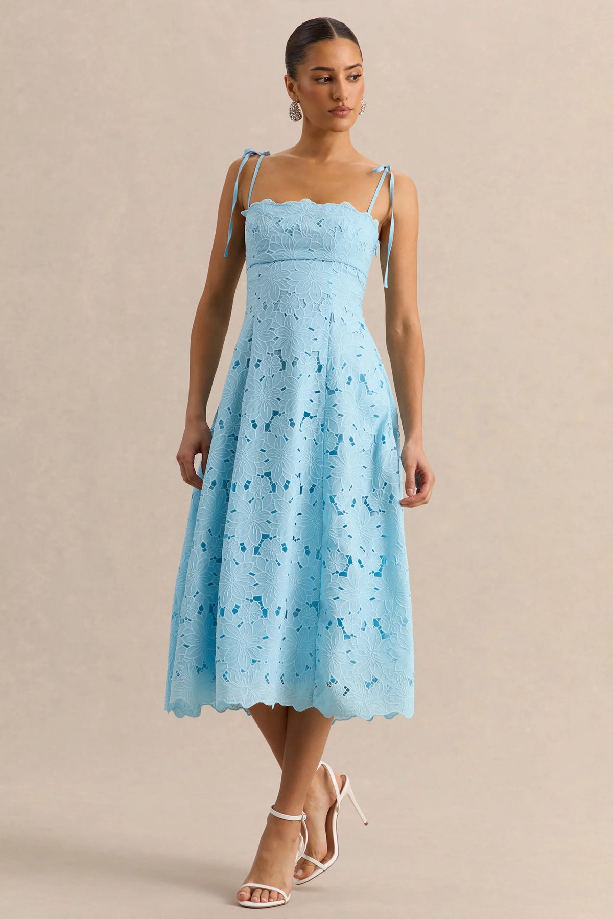Anna Embroidered Powder Blue Square Neck Midi Dress