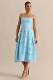 Anna Embroidered Powder Blue Square Neck Midi Dress