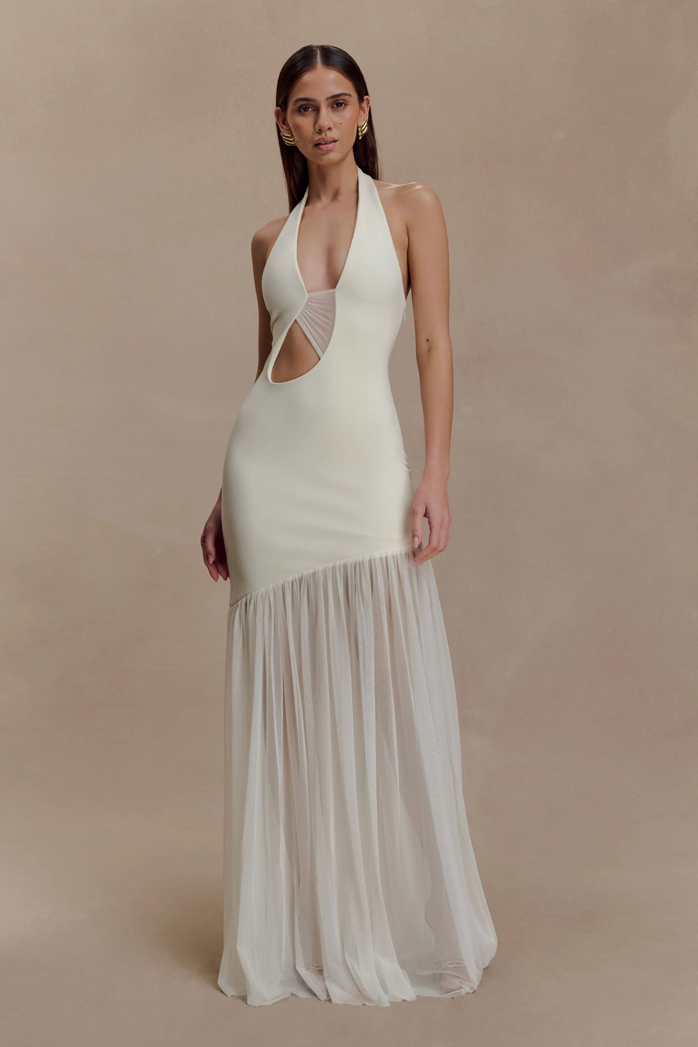 Aubree Crepe And Mesh Maxi Dress Ivory