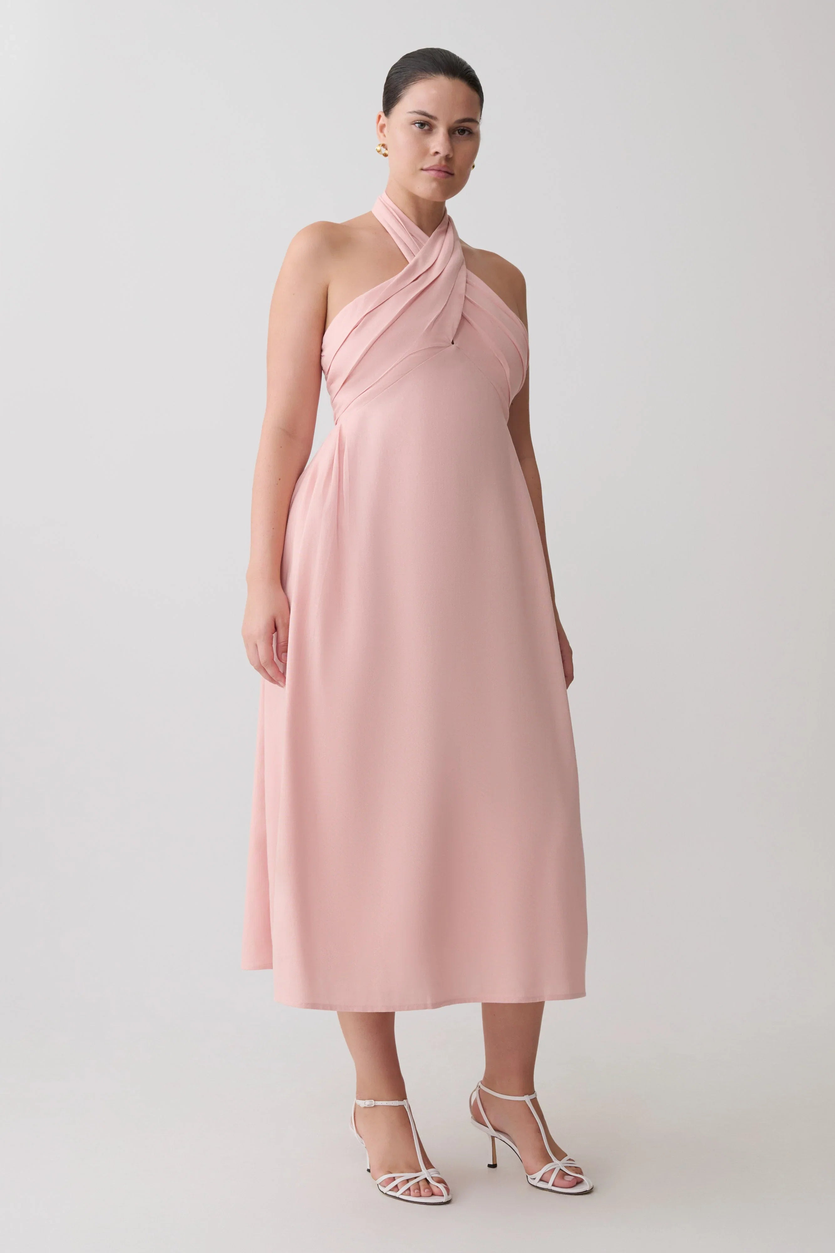 Rosie Linen Halter Midi Dress Pink
