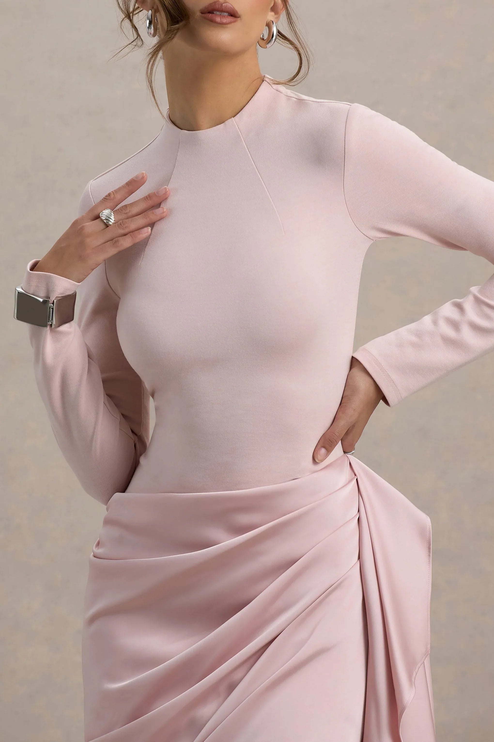 Raffie Pink Long Sleeve Midi Dress With Satin Wrap Skirt
