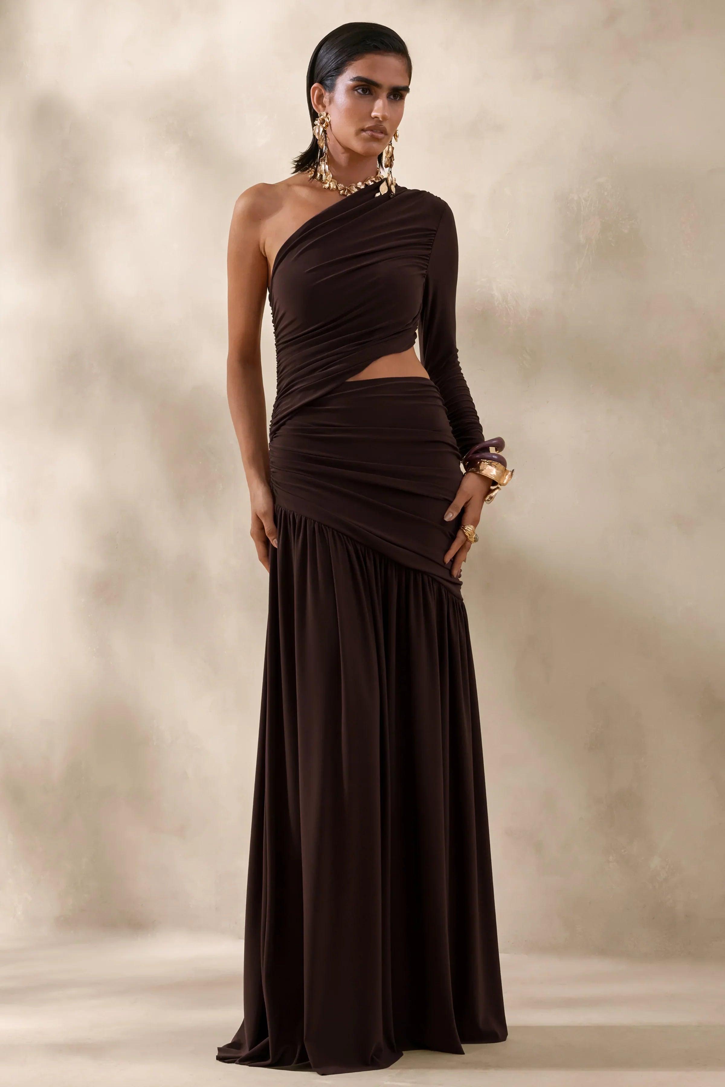 Kinsley Brown Asymmetric Neck Maxi Dress With Body Cut Out Detail