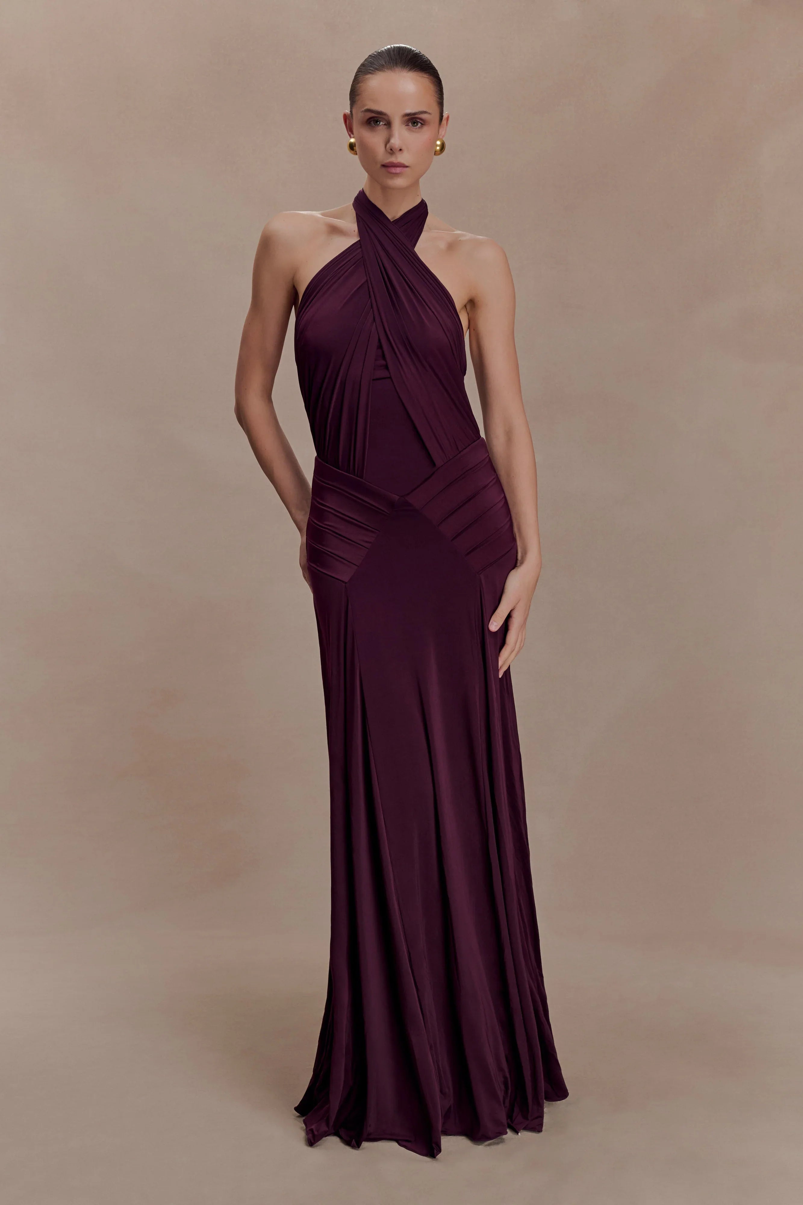 Indira Gathered Slinky Halter Maxi Dress Mahogany