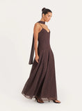 Brown Polka Dot Chiffon Scarf Detail Maxi Dress