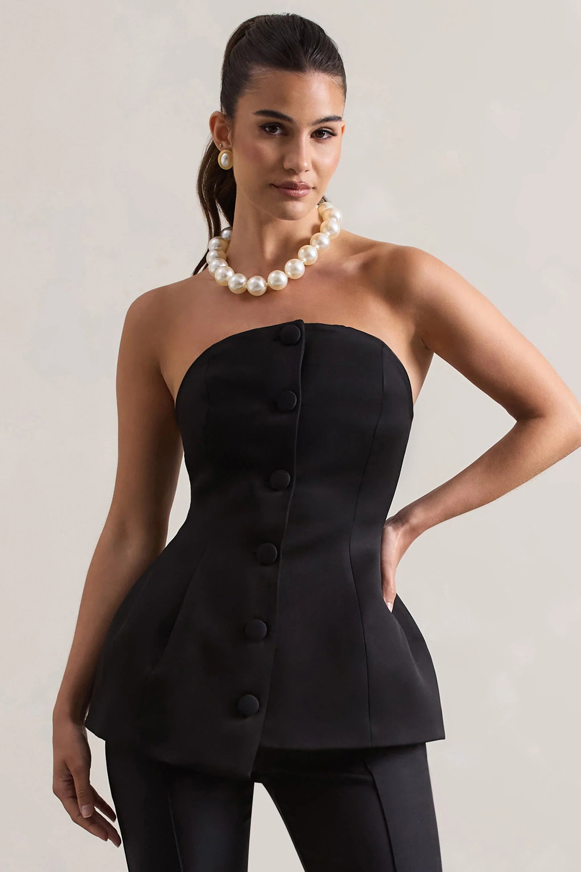 Century Black Satin Strapless Button Front Corset Top