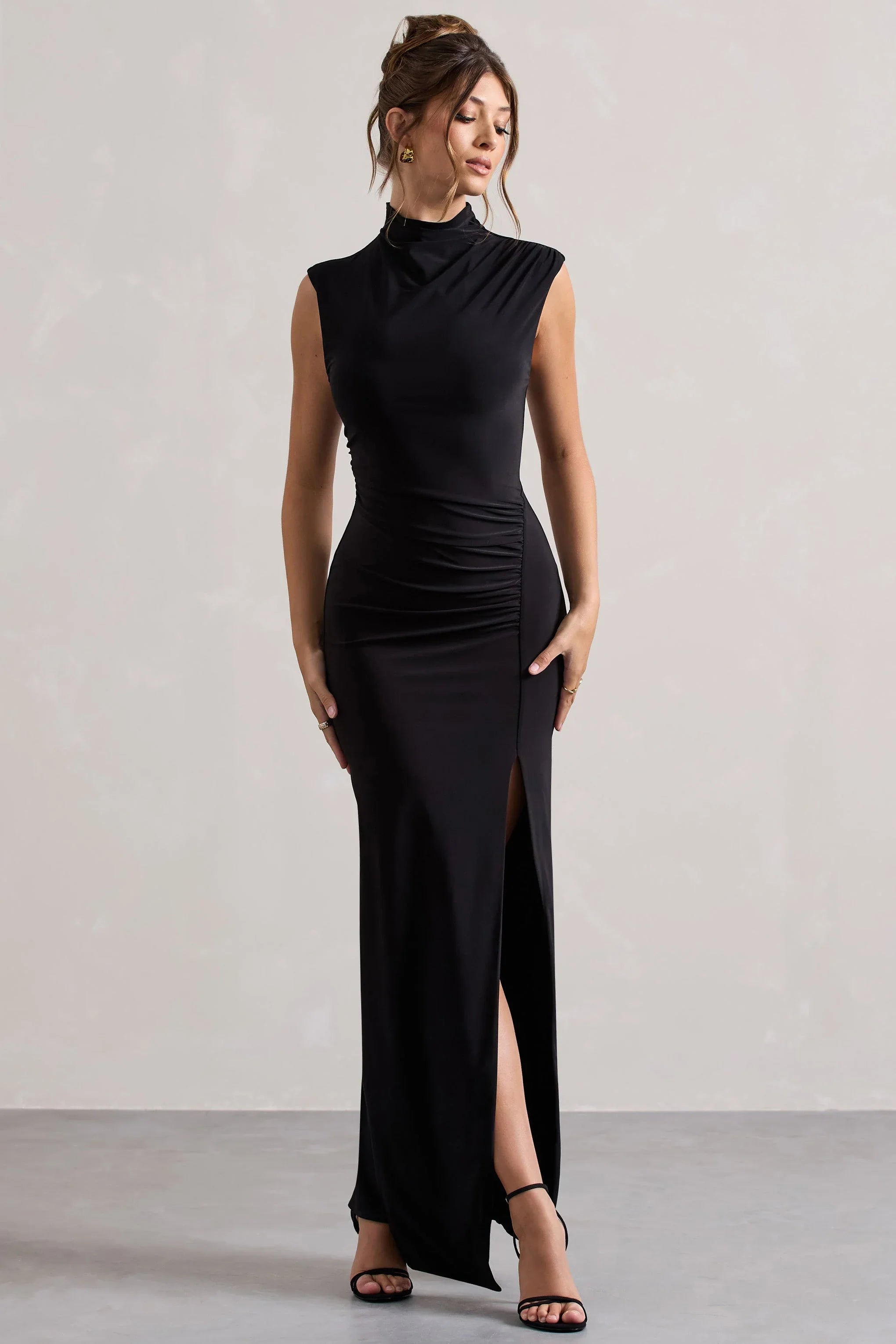 Lanetta Black Ruched High Neck Maxi Dress With Split