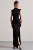 Lanetta Black Ruched High Neck Maxi Dress With Split
