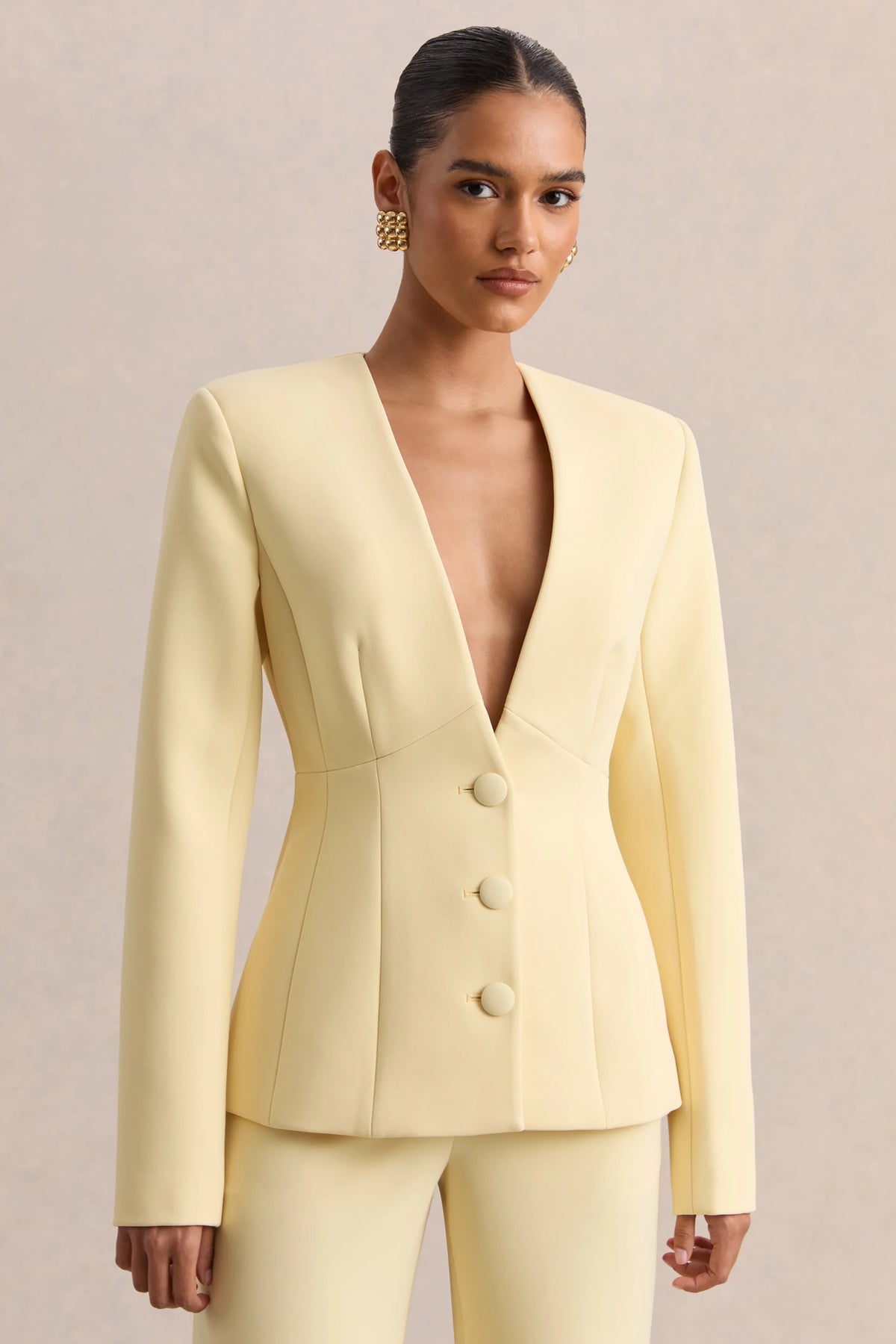 Rosalina Lemon Extreme Plunge Neck Tailored Blazer