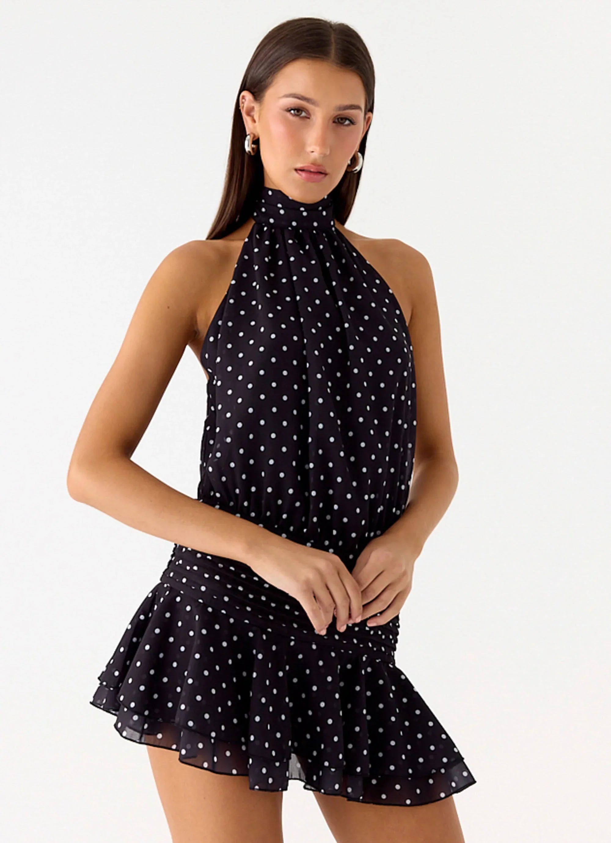 Willow Chiffon Mini Dress Black Polkadot