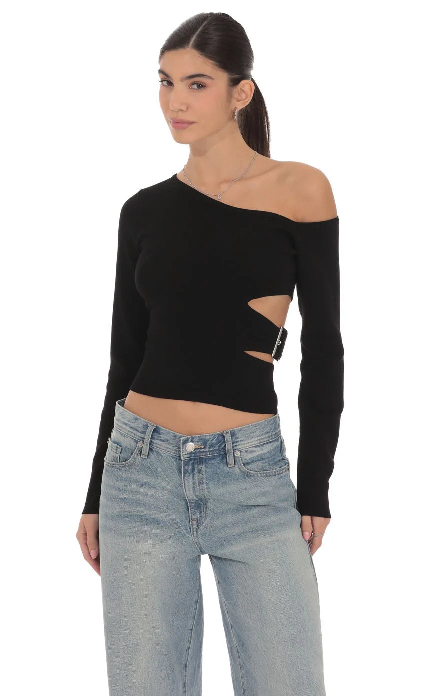 Cutout Buckle Off Shoulder Top in Black
