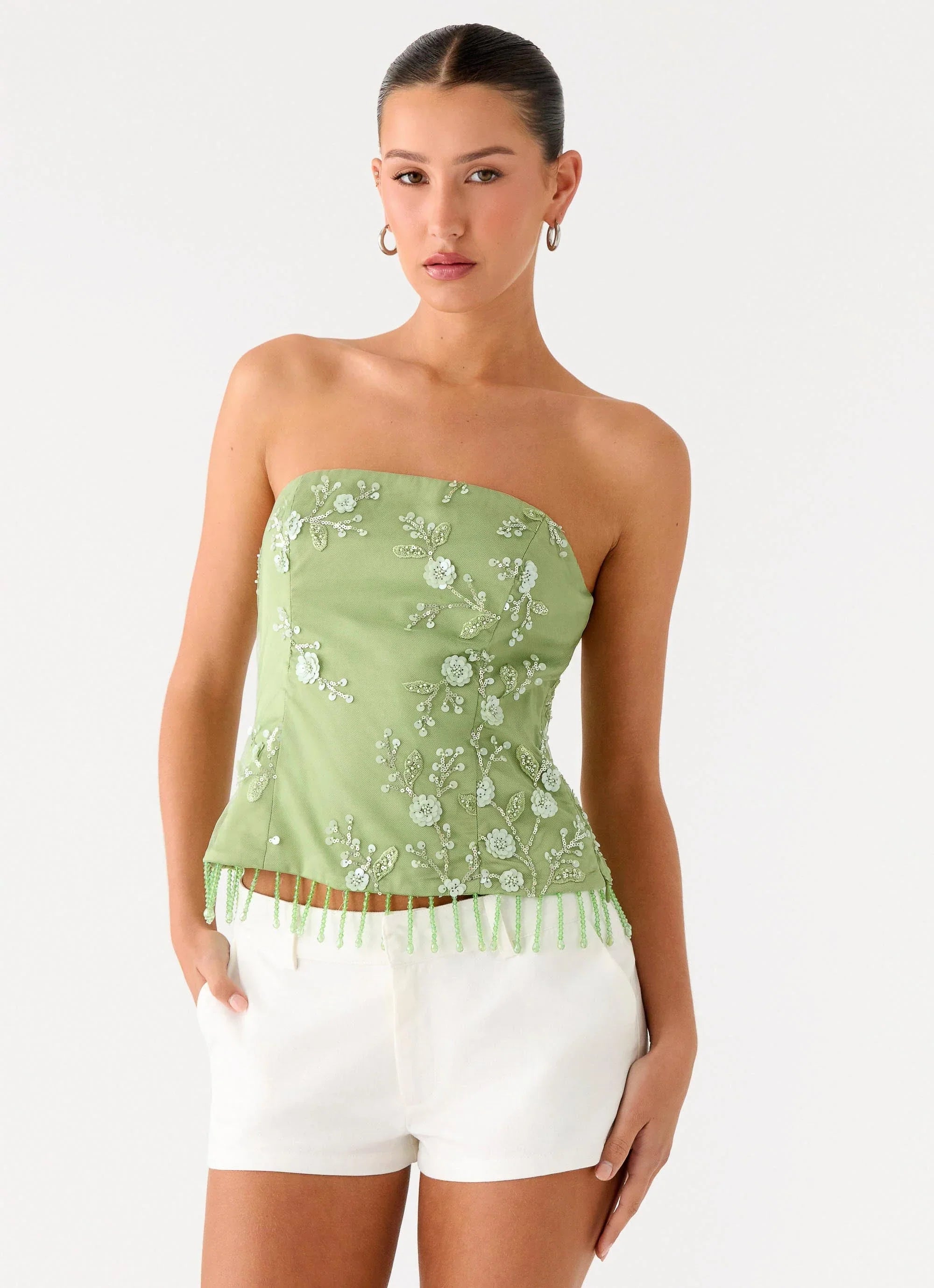 Sea Garden Beaded Strapless Top Green