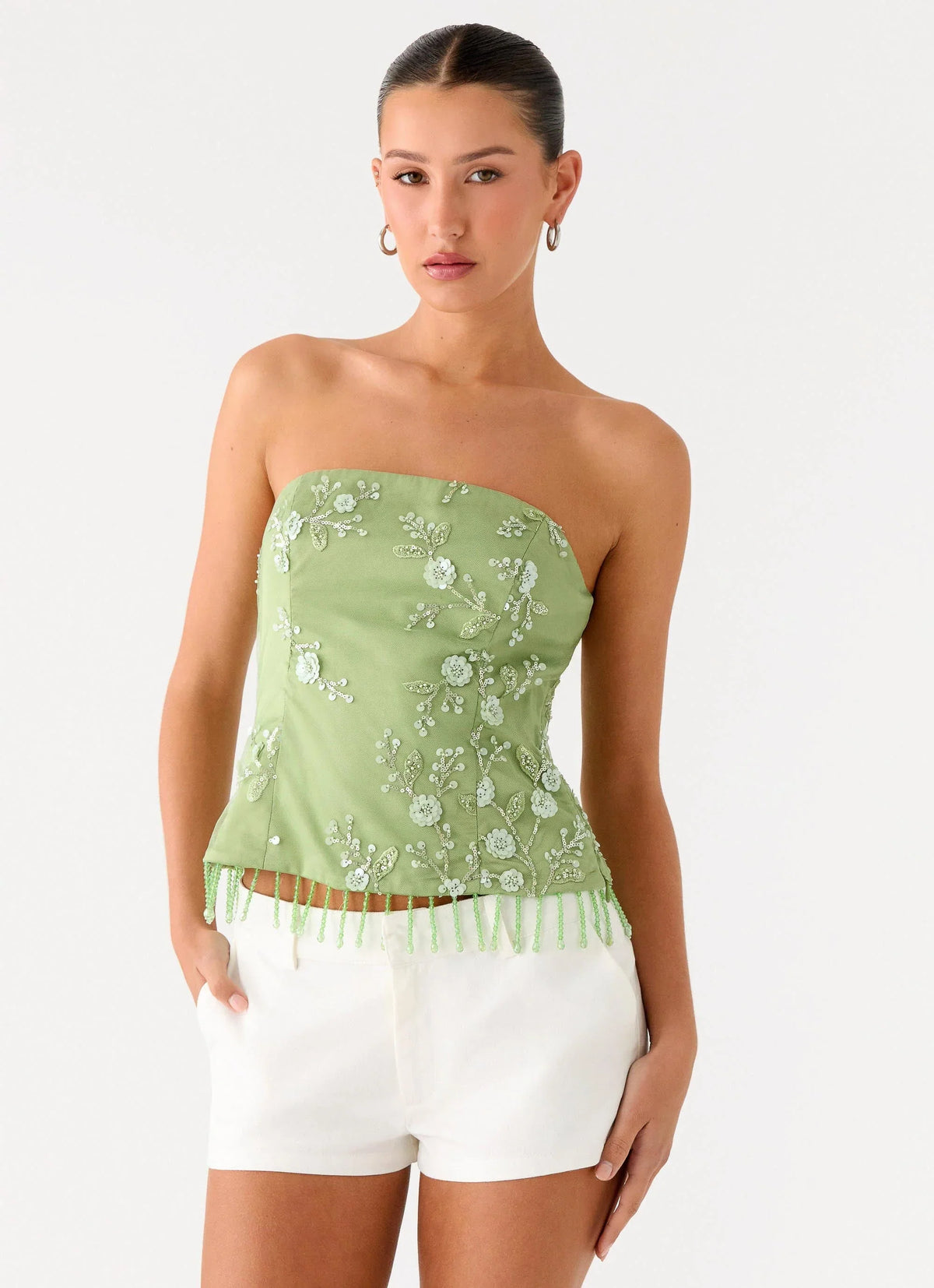Sea Garden Beaded Strapless Top Green