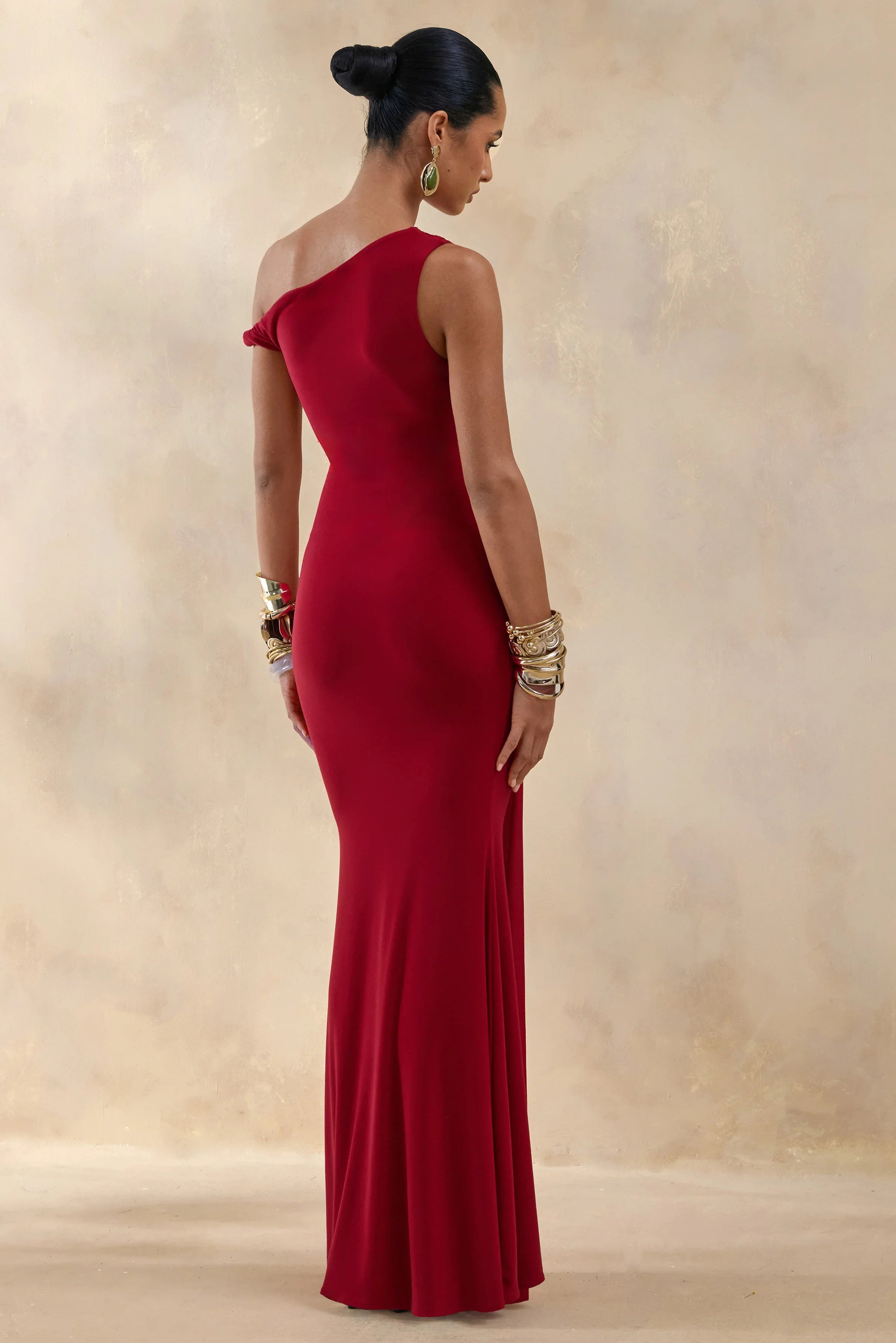 Caelia Red Asymmetric Neck Maxi Dress With Gold Detailing And Sash