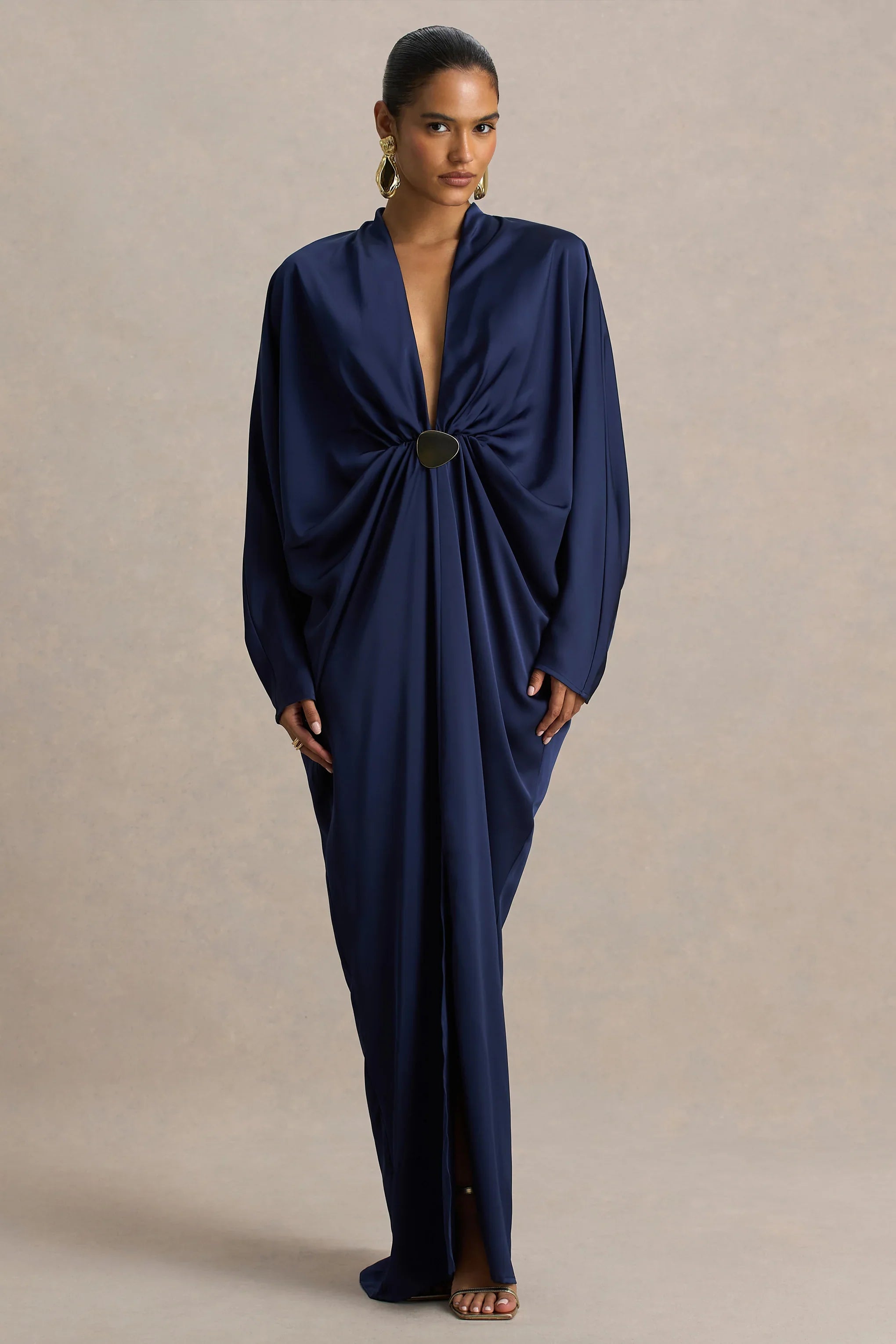 Tina Navy Satin Plunge Neck Embellished Maxi Dress