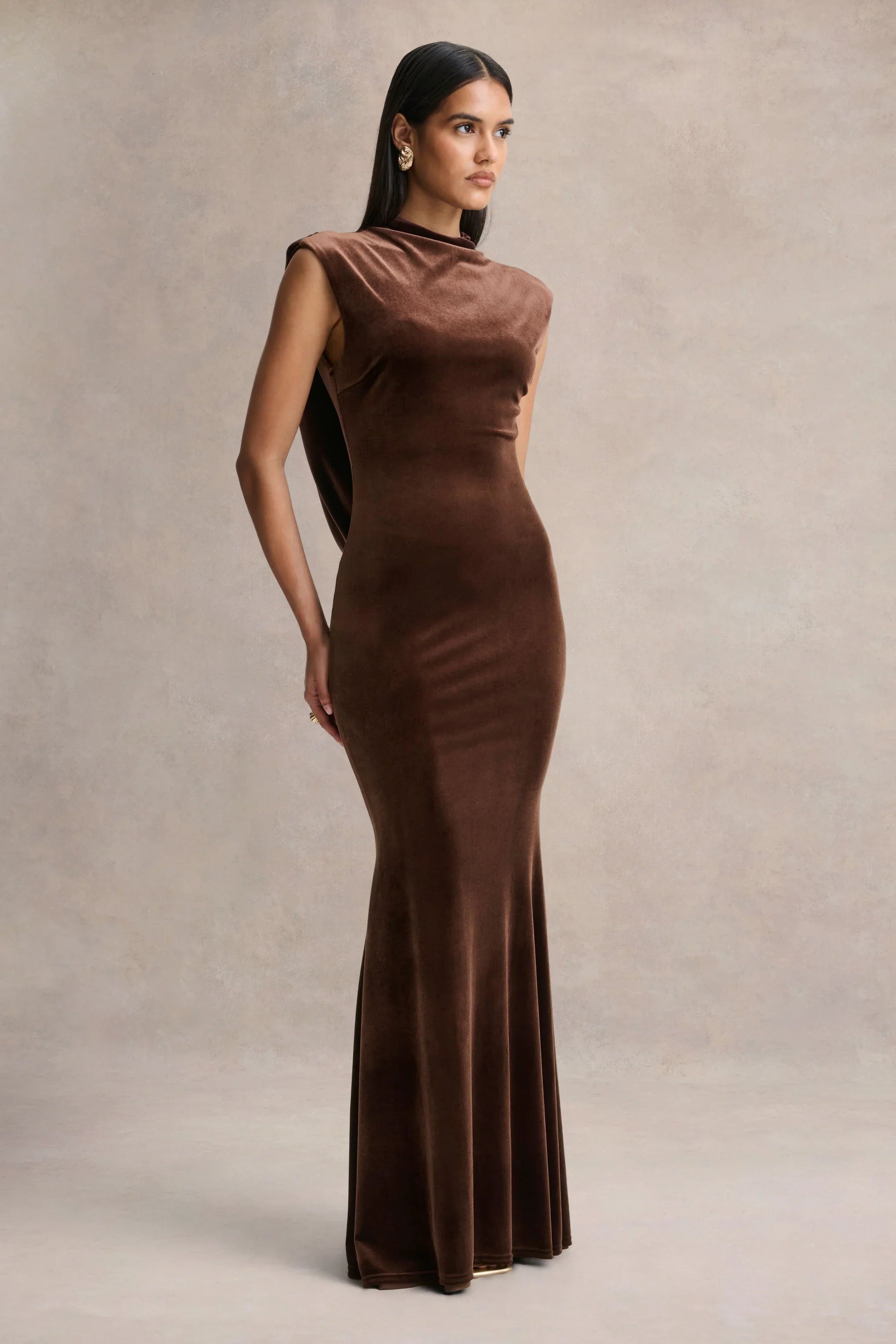 Malora Brown Velvet High Neck Maxi Dress With Open Back