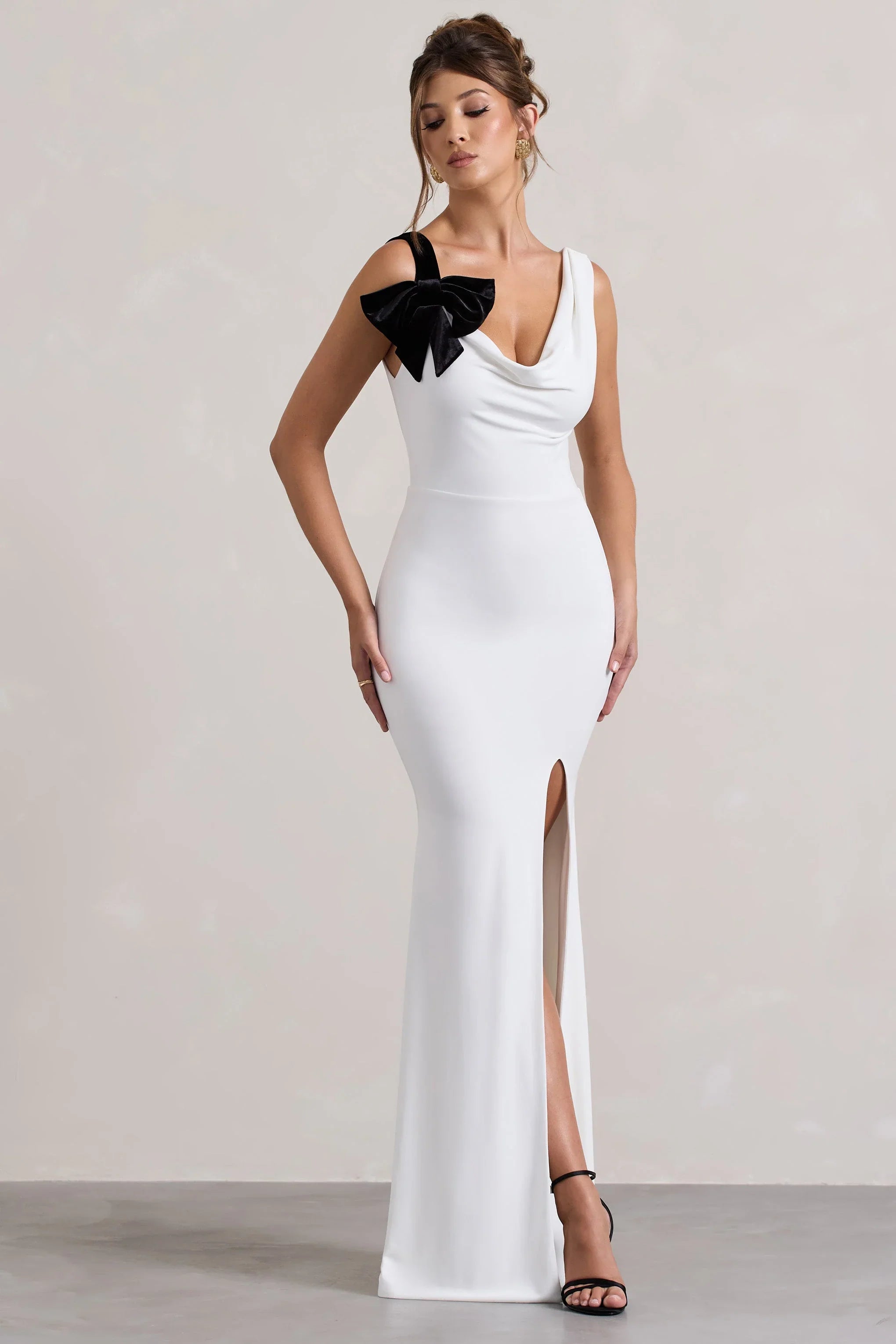 A Catch White Cowl Neck Split Maxi Dress With Bow