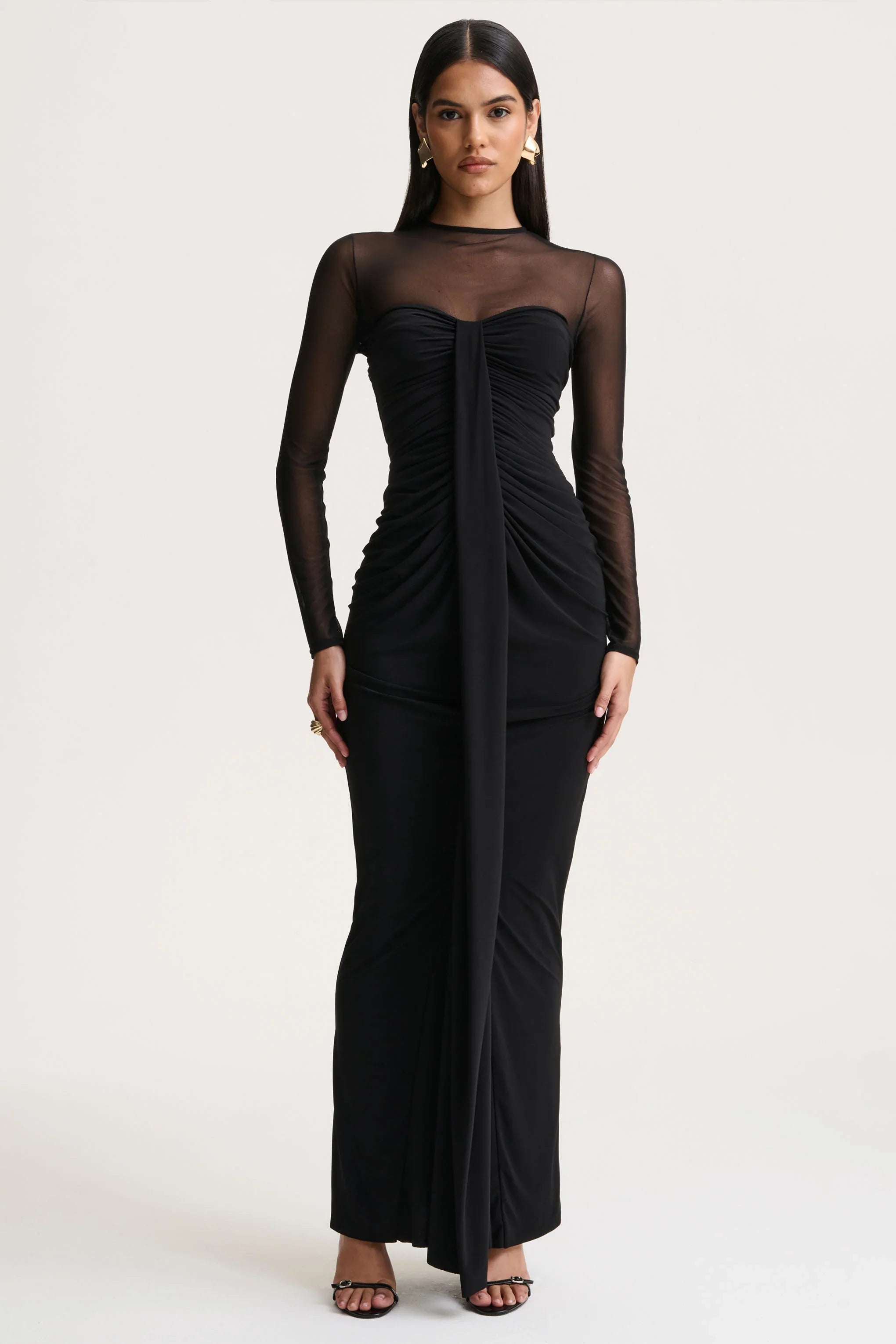 Cadenza Black Crew Neck Maxi Dress With Mesh And Gathered Detailing